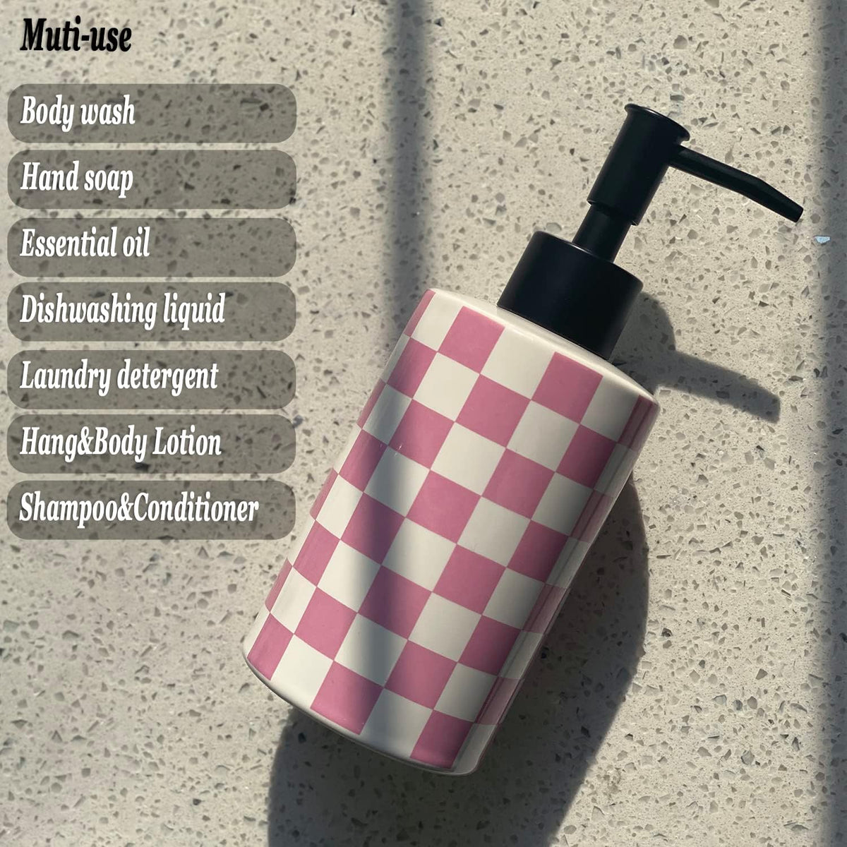 Bathroom Soap Dispenser with Matte Black Pump White Ceramic Soap Dispenser for Kitchen Checkerboard Empty Pump Bottle (Pink)