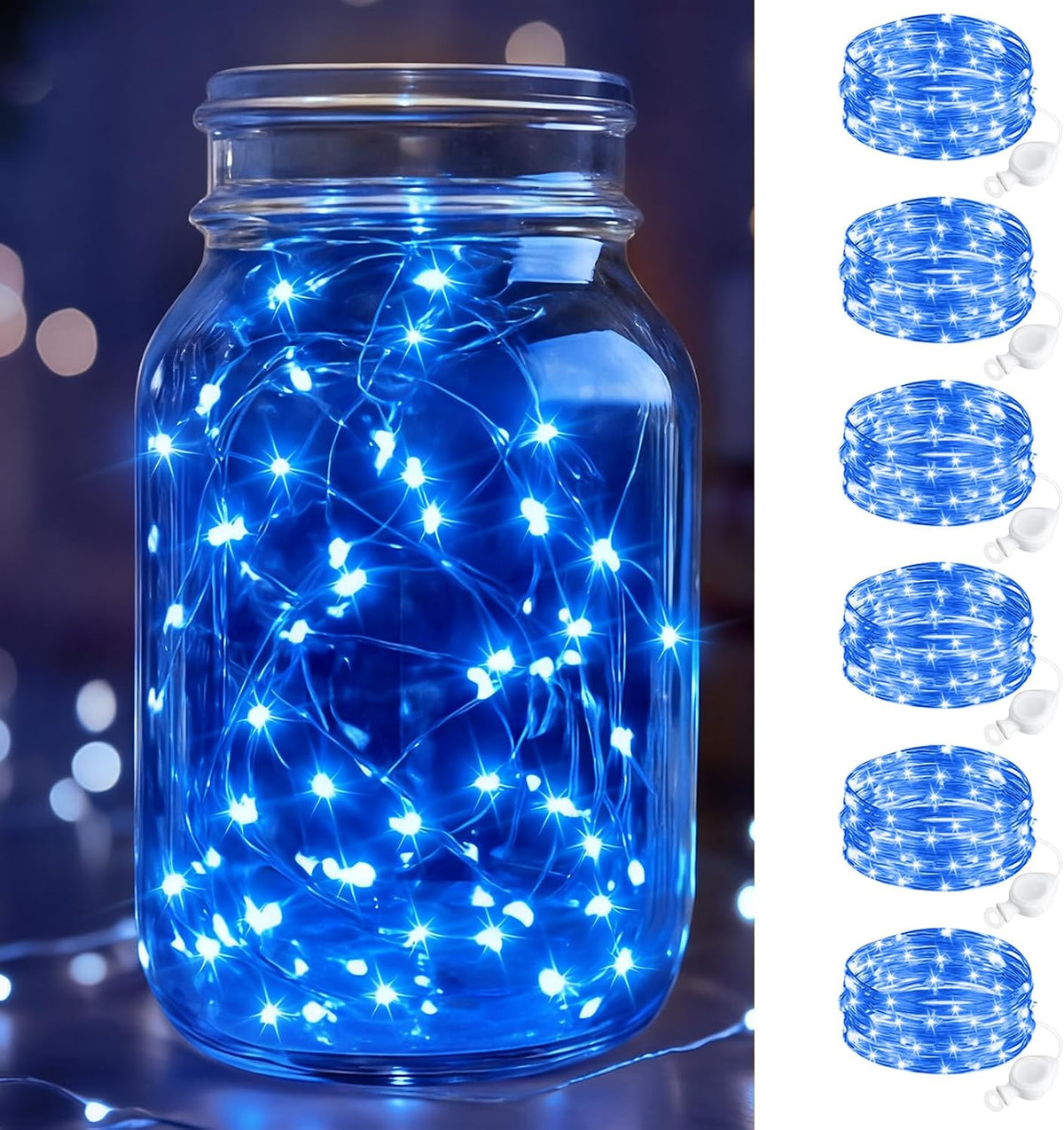 btfarm 6 Pack Fairy Lights Battery Operated, 7FT 20 LED Mini String Lights Waterproof Silver Wire for Mason Jars Centerpiece Table Crafts Bedroom Christmas Decoration, Blue