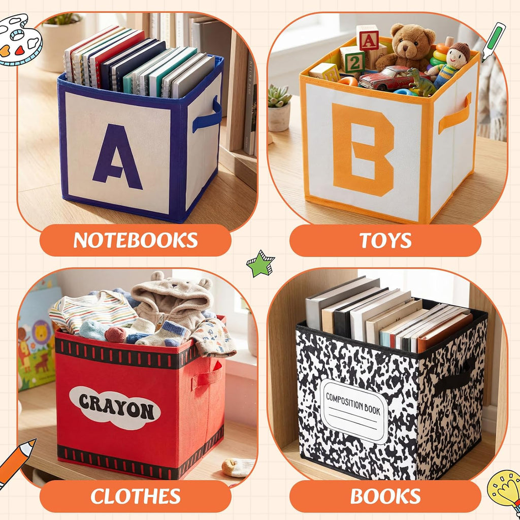Thyle 6 Pack 11 Inch Back to School Colorful Fabric Storage Cubes Foldable Classroom Cubby Organizer Colorful Treasure Prize Box for Preschool Daycare Elementary Books Toys Storage Cubes(Classroom)