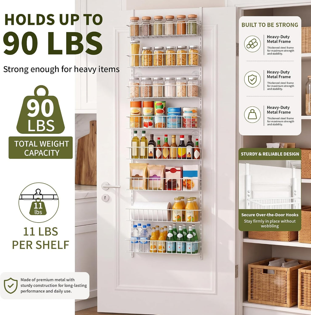 ElegantArray 8-Tier Pantry Door Organizer, Hanging Storage Basket, White