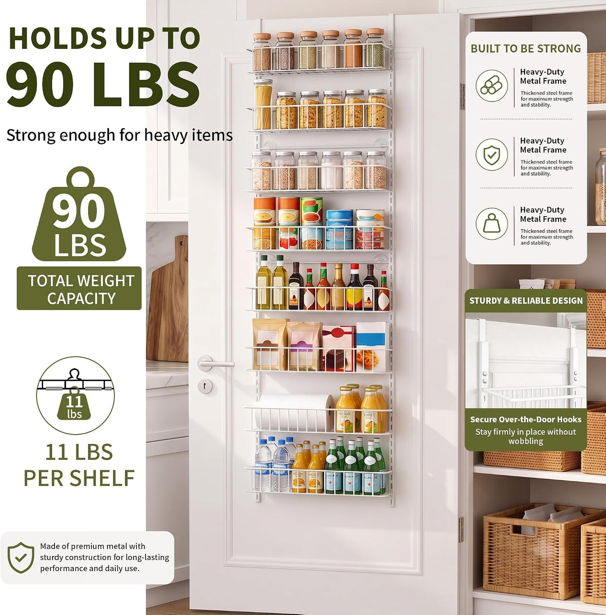 ElegantArray 8-Tier Pantry Door Organizer, Hanging Storage Basket, White
