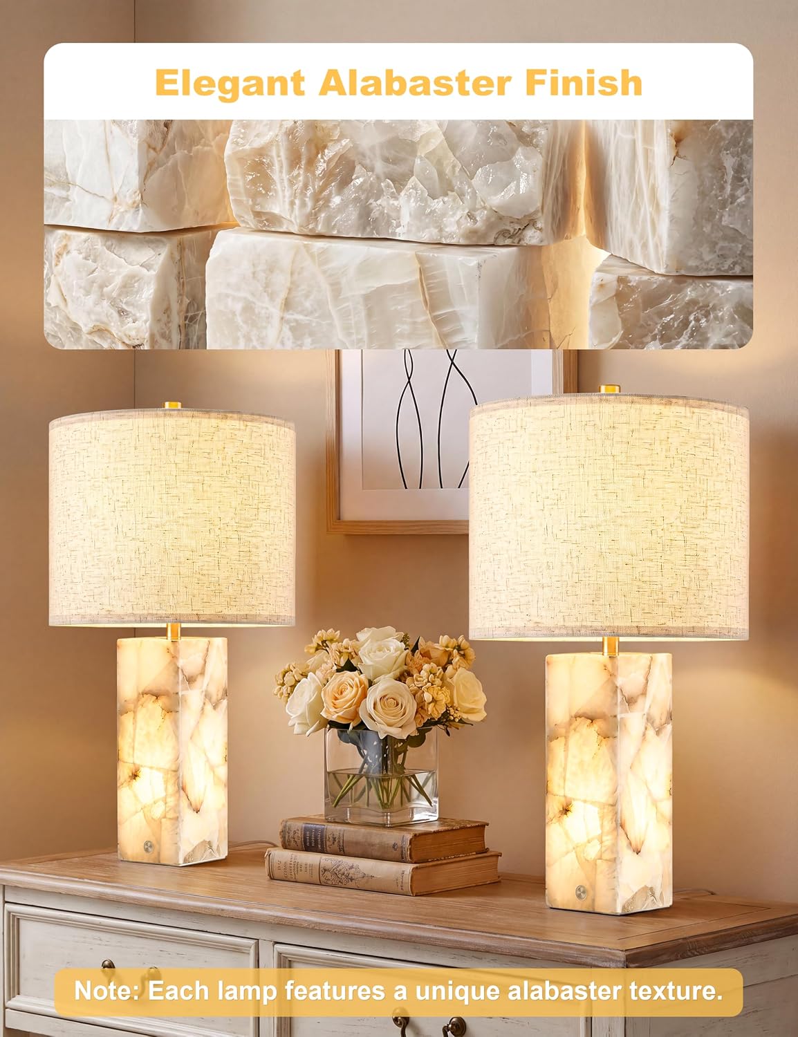 VOLISUN 23" Alabaster Table Lamp Set of 2, Modern Marble Lamp with Linen Shade, Touch Control & 3-Level Dimming, Night Light Bedside Lamps for Bedroom Living Room Office