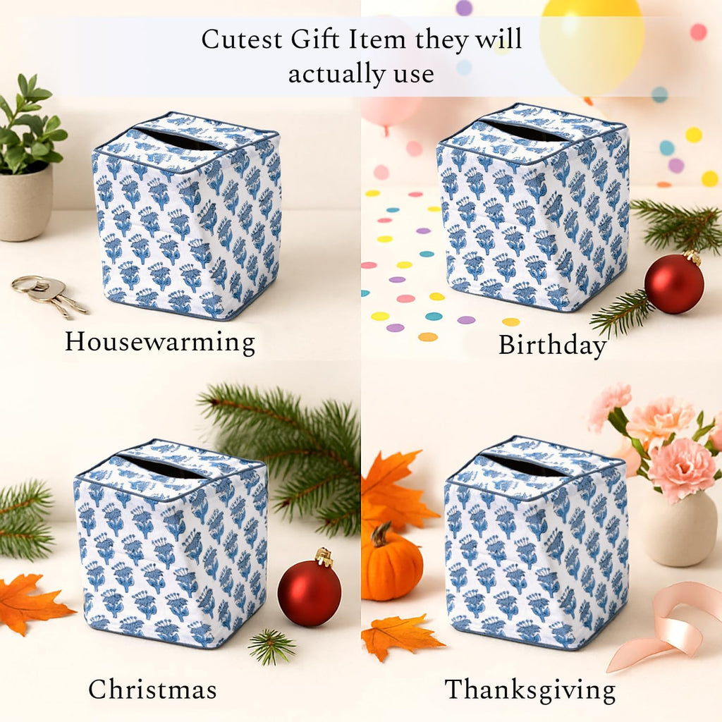 CPC 100% Cotton Piping Block Print Tissue Box Cover, Apatite Blue