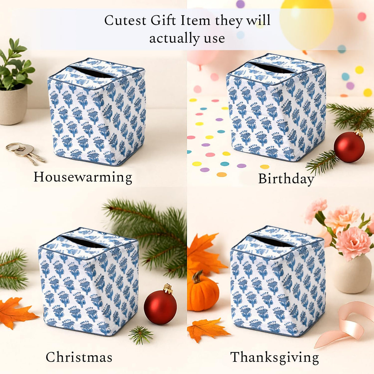 CPC 100% Cotton Piping Block Print Tissue Box Cover, Apatite Blue