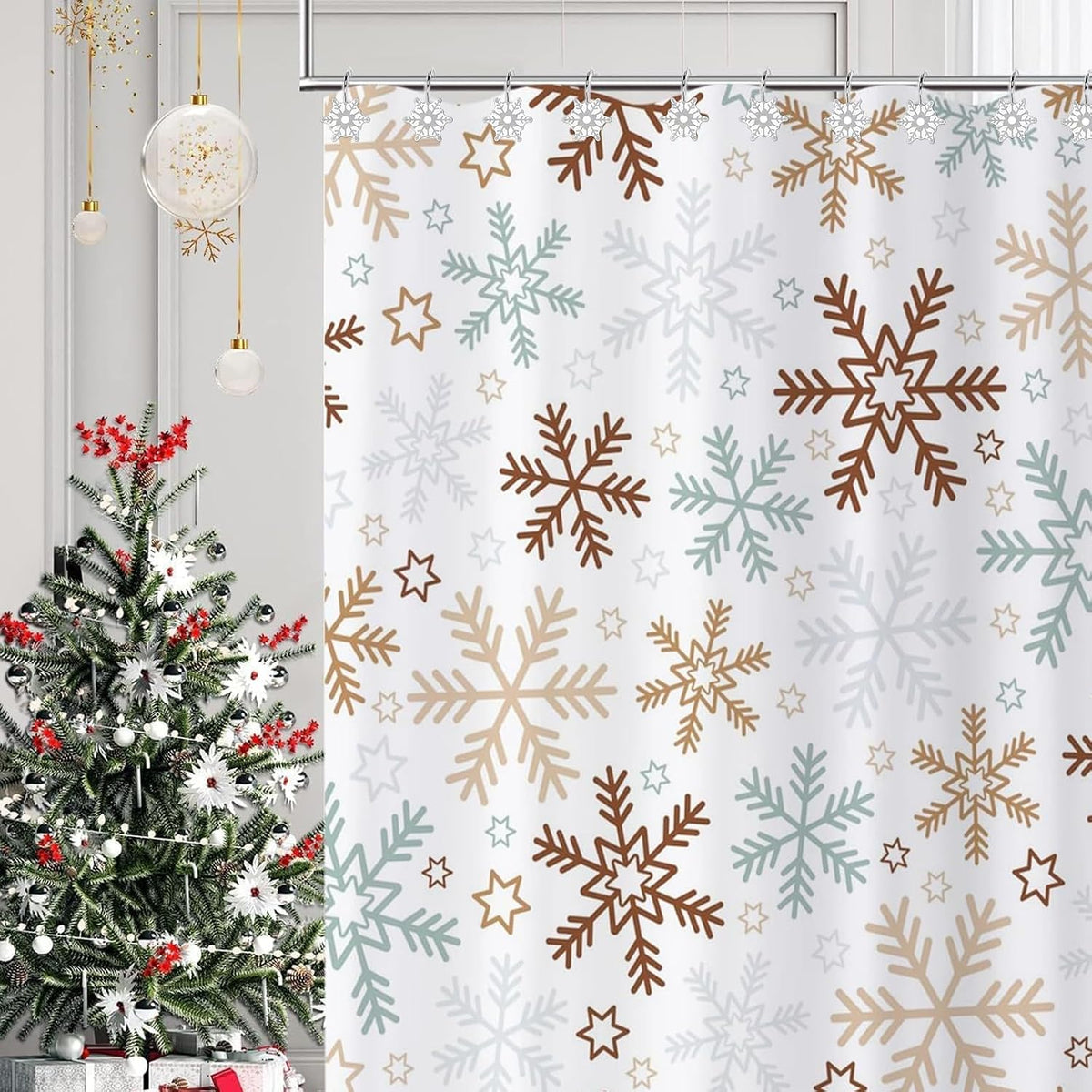 12pcs Christmas Snowflake Shower Curtain Hooks for Winter Snowman Snow Themed Shower Curtains Bathroom Decorations, Silver Rustproof Resin Country Farmhouse Xmas Theme Bathroom Decor Accessories Set