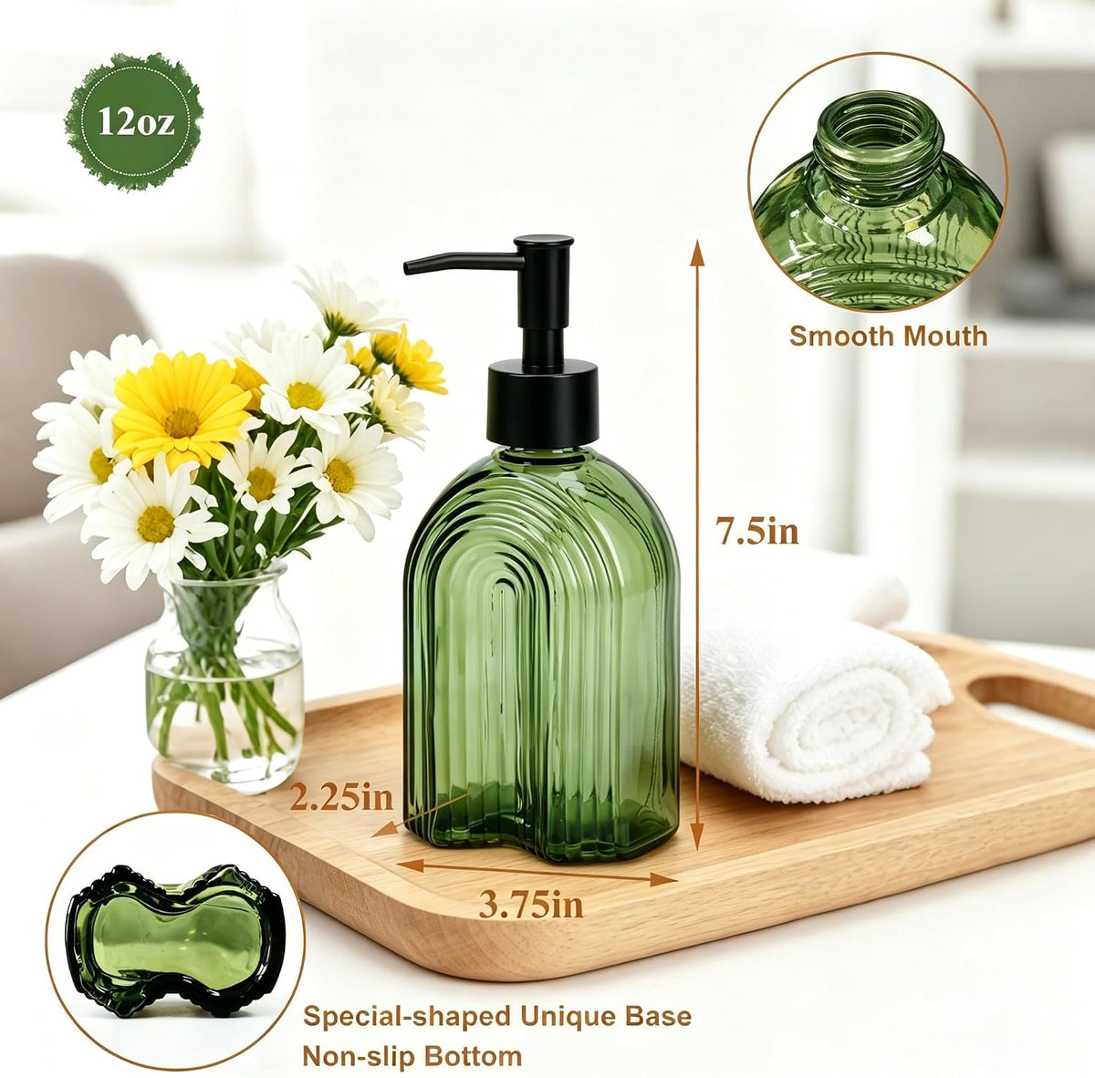 YYTSGG Black Pump Glass Soap Dispenser, 12oz, Green Stripe