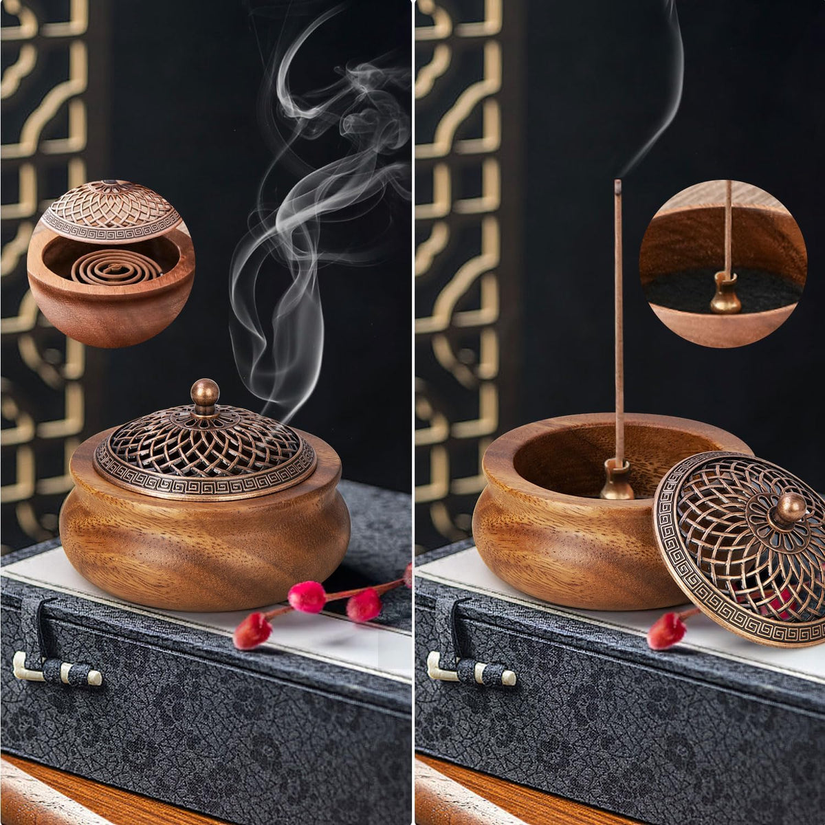 2 Pack Incense Cone Holder, Retro Wooden Cone Incense Burner Holder with Brass Cover, Vintage Bakhoor Burner for Sticks Coil, Frankincense Room Home Decor Yoga Spa Meditation (P)