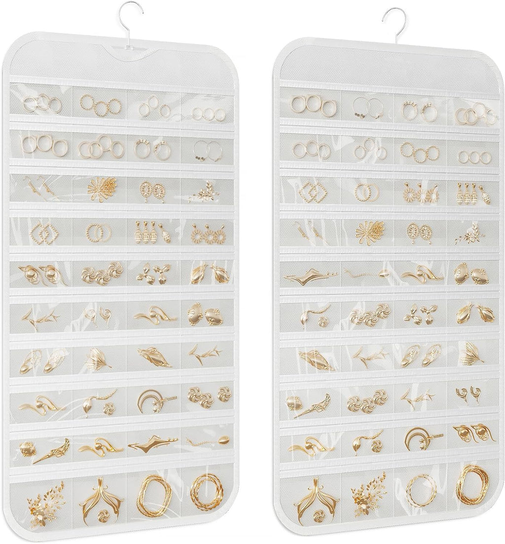 2-Pack Hanging Jewelry Organizer 80-Pocket Dual-sided Jewelry Storage for Jewelry Earring Necklace Bracelet Ring Storage Travel Holder, White