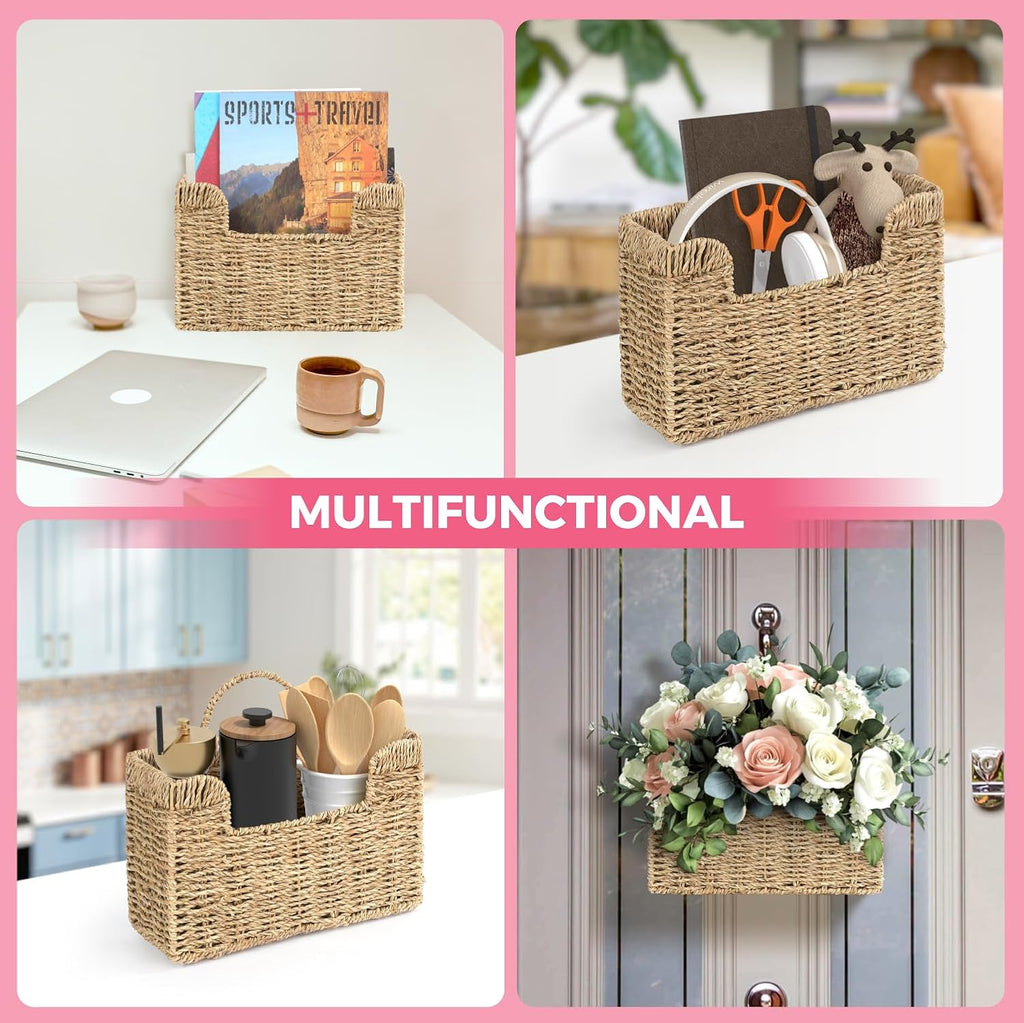 Handwoven Seagrass Wall Magazine Holder - Natural Hanging Organizer for Mail, Newspapers & Magazines, Books & Files - Decorative Boho Storage Basket for Entryway, Bathroom, Living Room, Office.
