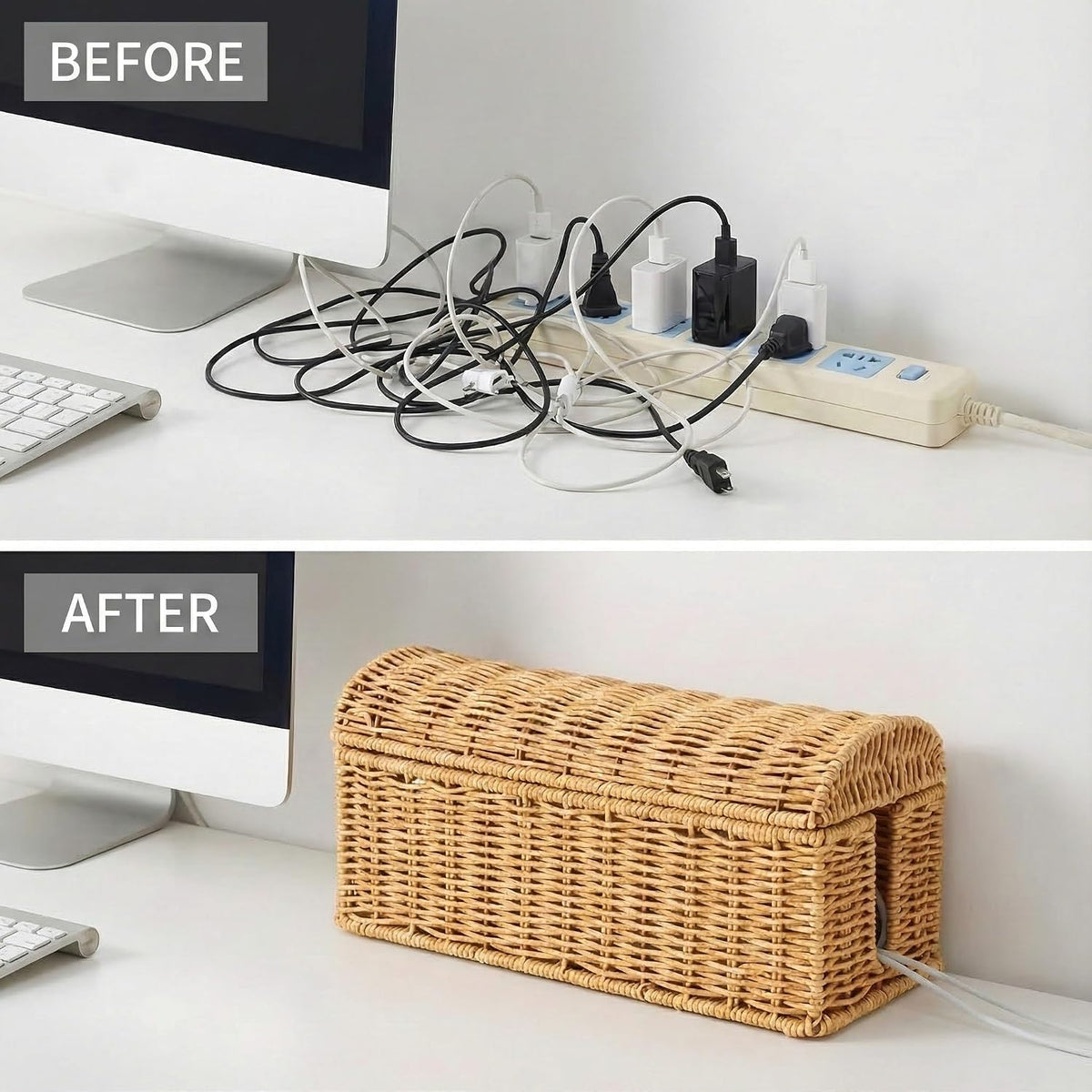 Large Rattan Cable Management Box, Decorative Large Power Strip and TV Box