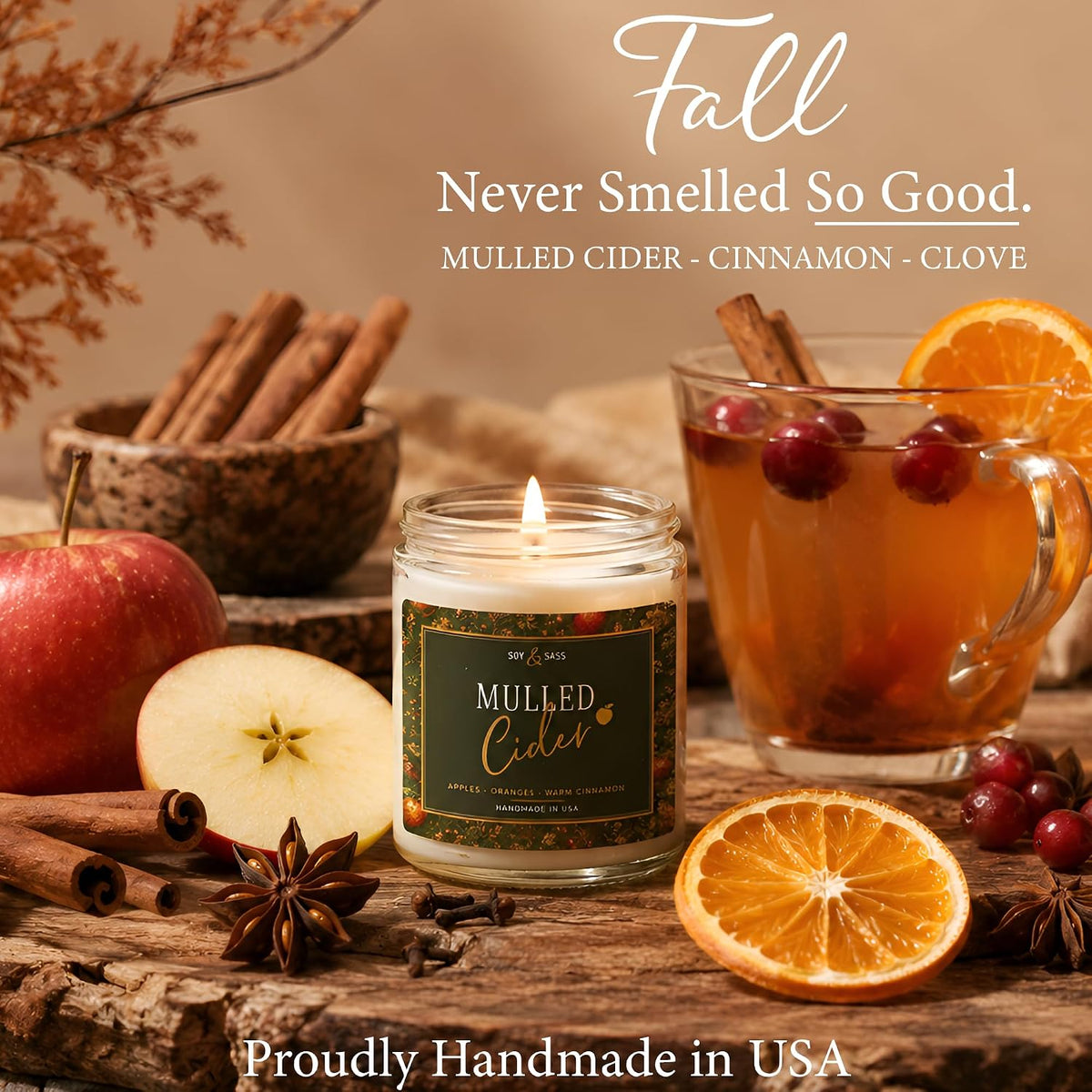 Mulled Cider Candle, Fall Candles I Apple Cider, Cinnamon & Nutmeg - Infused with Essential Oils I Mulled Cider Fall Scented Candle (Soy) for Home I 9oz Reusable Jar I 50Hr Burn I Made in USA