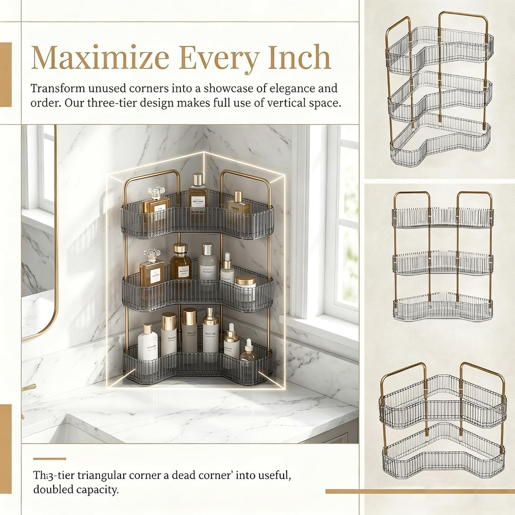 3-Tier Corner Bathroom Organizer, Skincare Vanity Counter Shelf Grey