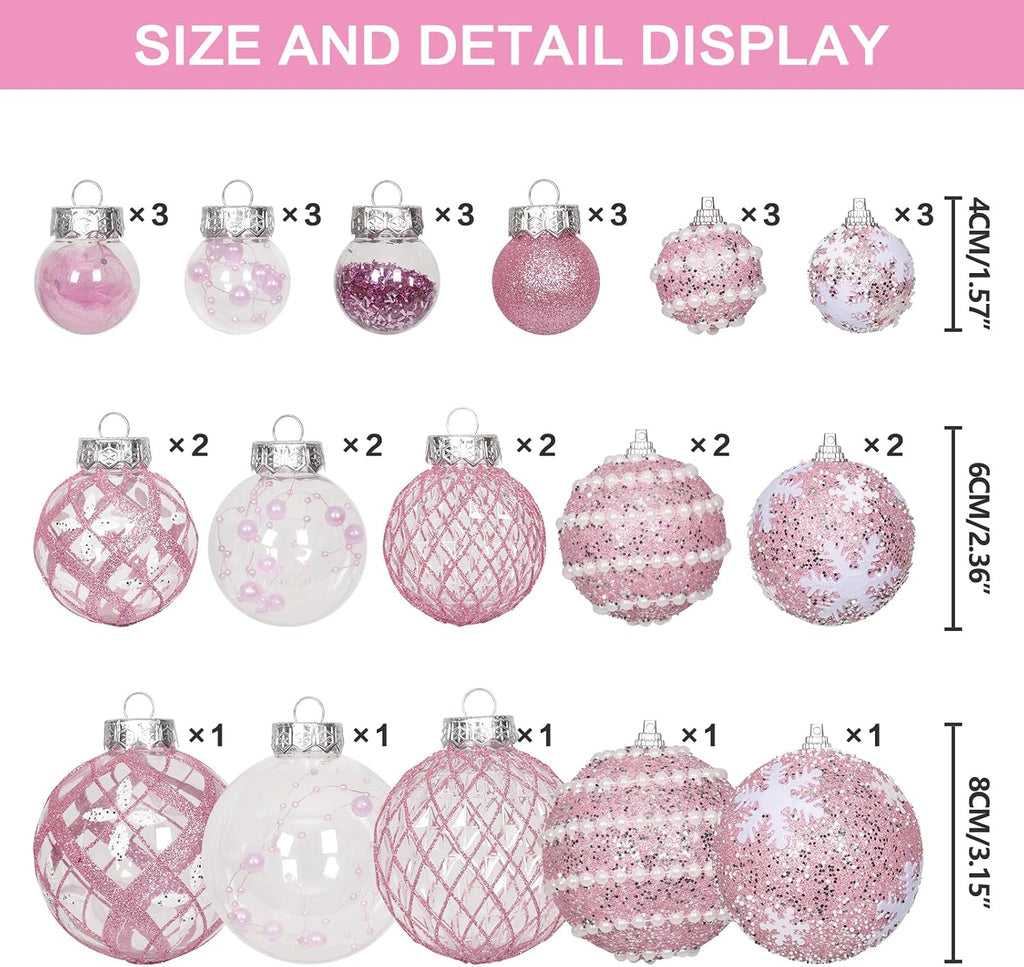 33PCS Pink Christmas Ball Ornaments Set for Xmas Tree Decorations
