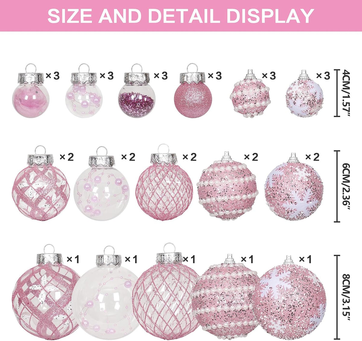 33PCS Pink Christmas Ball Ornaments Set for Xmas Tree Decorations