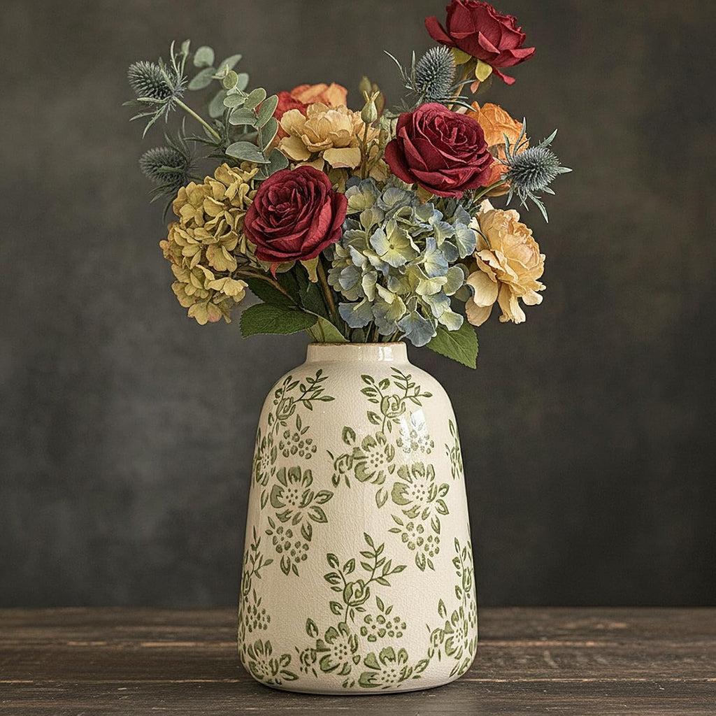 Chinoiserie Green Ceramic Vase Vintage Flower Vase, 7.9in