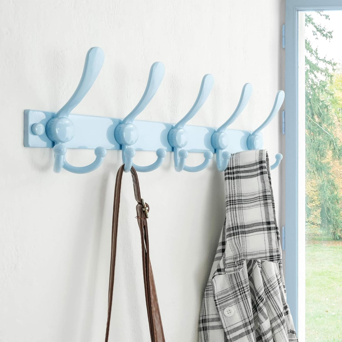Dseap Coat Rack Wall Mount, Heavy Duty 12-Gauge Base vs Flimsy 1mm, Double-Thick Solid Anti-Snap Hooks, 16” Stud-Mount, Stainless Steel Hanger for Clothes Hat Entryway Closet Mudroom, Blue