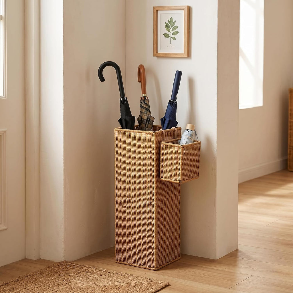 Rattan Umbrella Stand with Drip Tray,Umbrella Holder with Small Basket for Entryway, Tall Wicker Basket for Storage, Woven Organizer for Inoor, Outdoor, Home, Office, Hotel