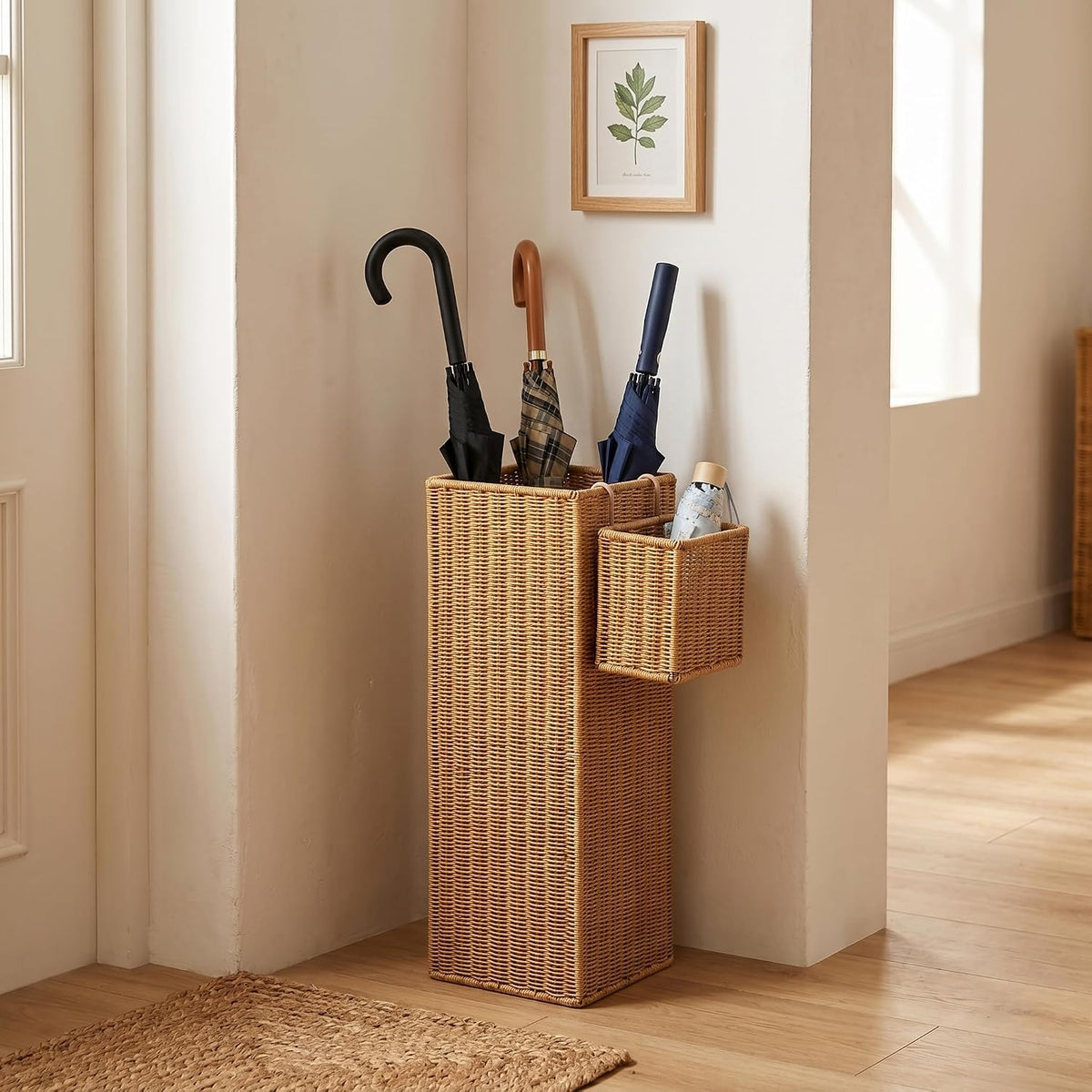 Rattan Umbrella Stand with Drip Tray,Umbrella Holder with Small Basket for Entryway, Tall Wicker Basket for Storage, Woven Organizer for Inoor, Outdoor, Home, Office, Hotel