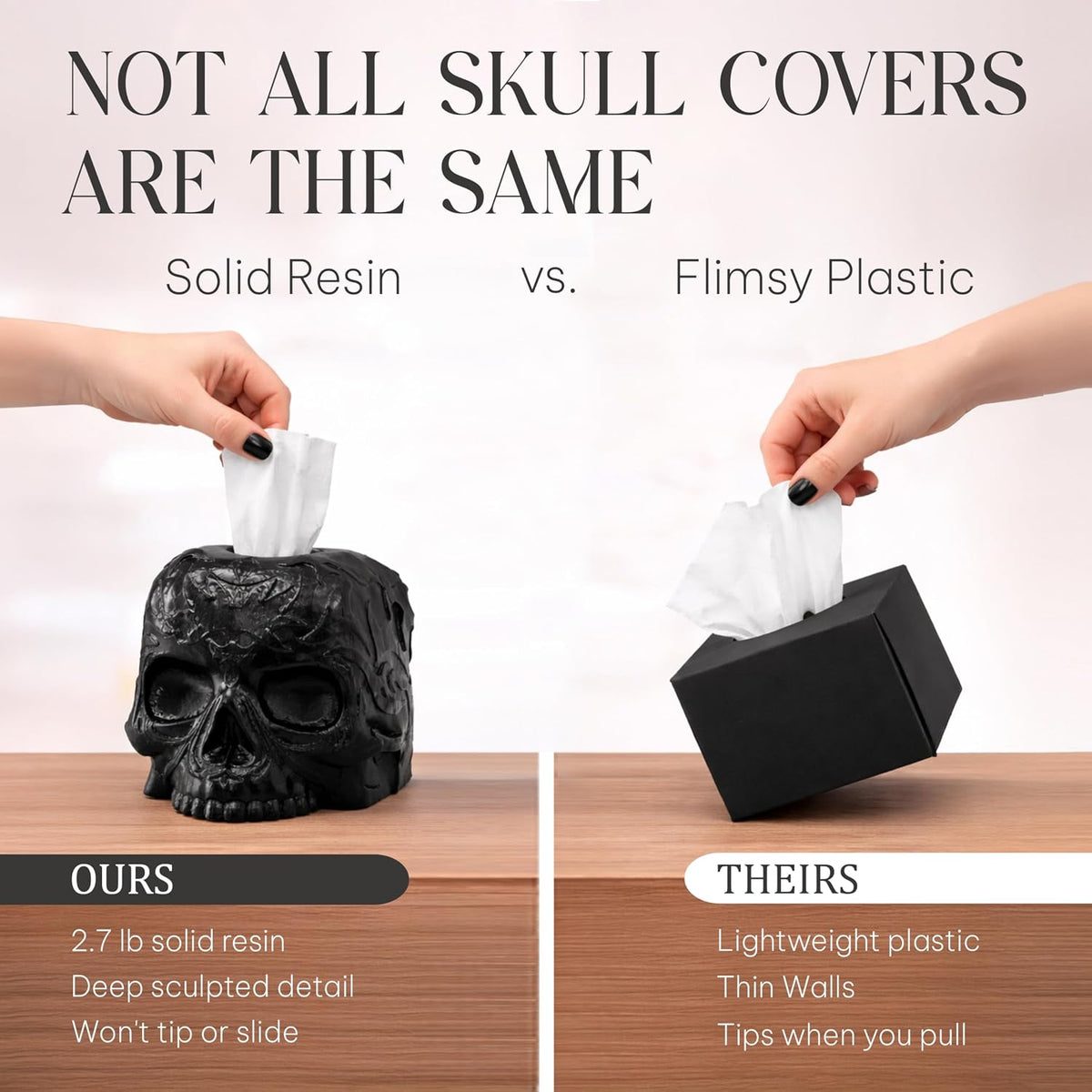 Gothic Skull Tissue Box Cover, Black, Square by Death Decor