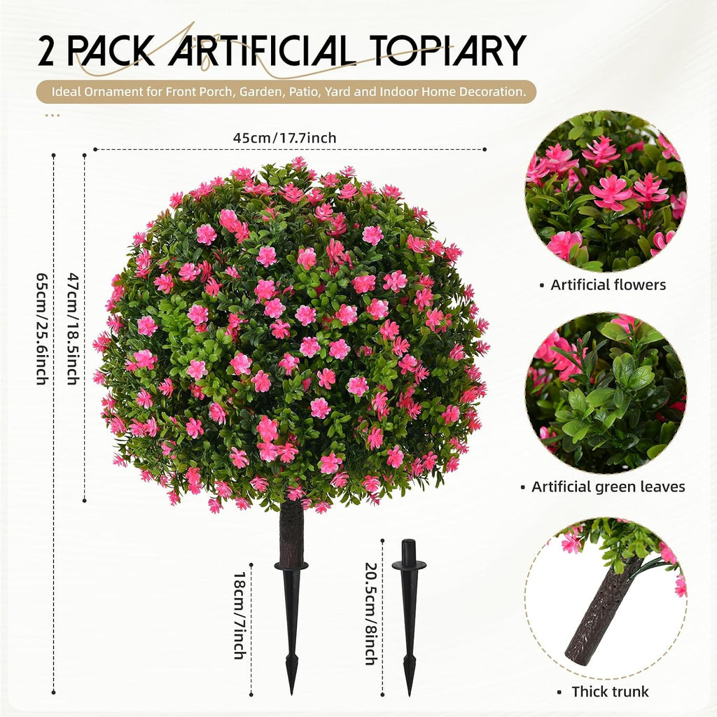 Artificial Topiary Ball Trees, Pink, 2 Pack, 25.6 Inch