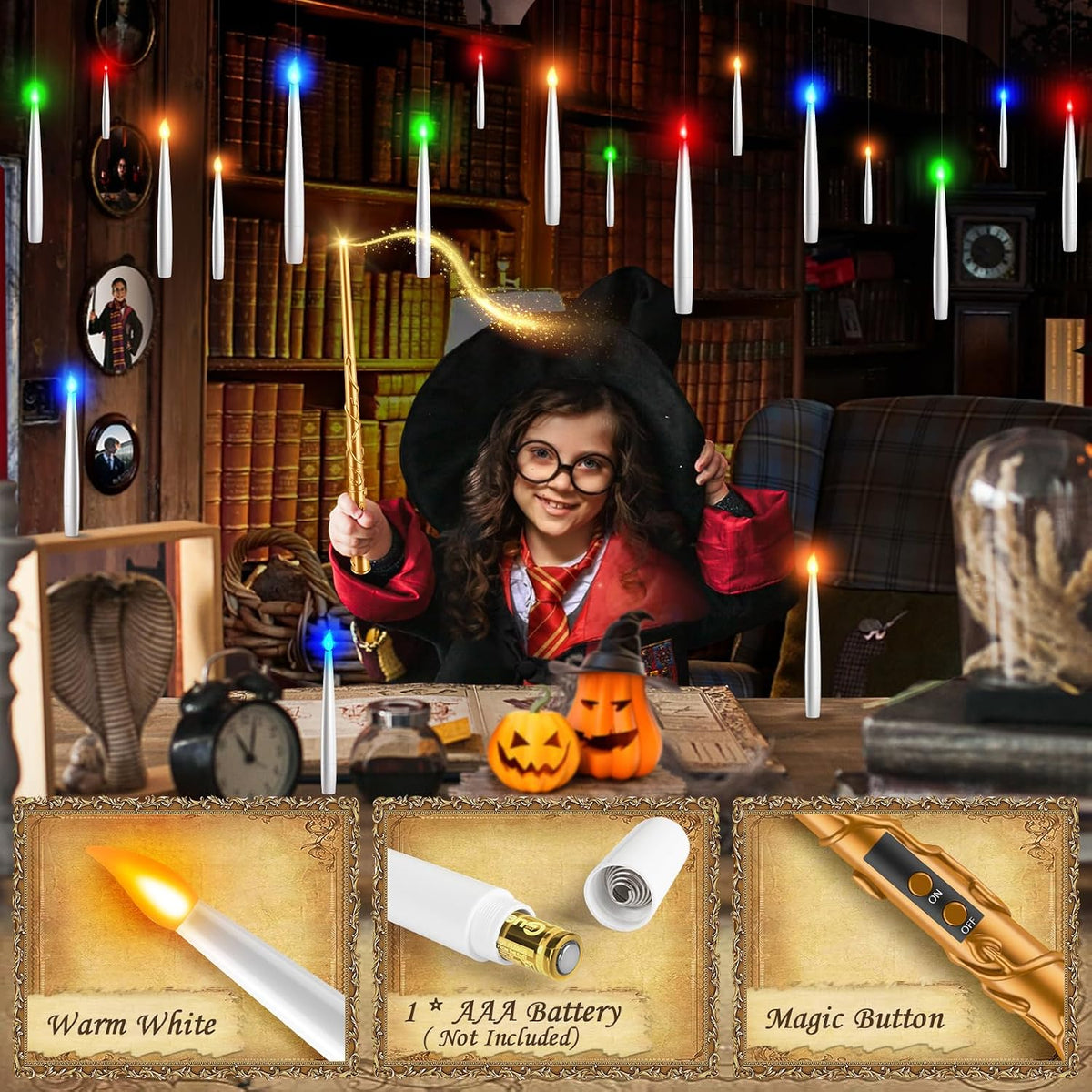 TLPUHU Floating Candles 18 Pcs with Magic Wand Remote, Halloween Decorations Multicolor Hanging Candles with String Battery Operated Flameless Taper Candle for Christmas Party Home Room Decor