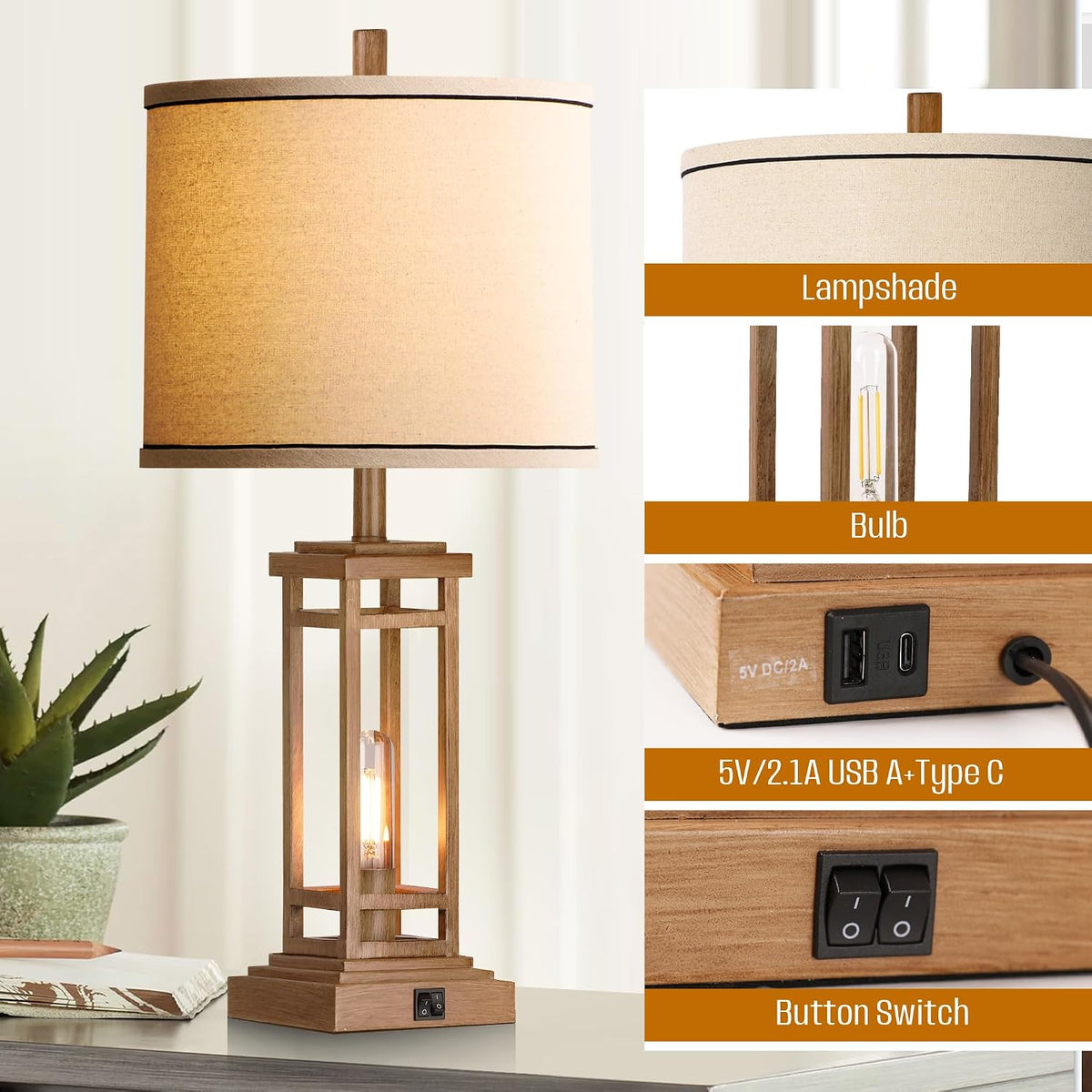 ROTTOGOON 27.5 Tall Farmhouse Table Lamps with USB C + USB A Charge Ports, Rustic Living Room Lamps Set of 2, Black Industrial End Table Lamp for Bedroom Living Room Nightstand (Wood)