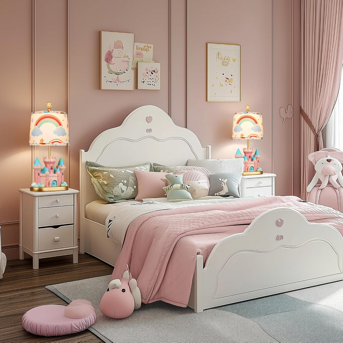 Hamucd Castle Bedside Table Lamp for Kid,Pink Princess Nursery Lamp for Girl Bedroom Nightstand Decor,Cute Desk Lamp for Study Room,1 LED Bulb Included