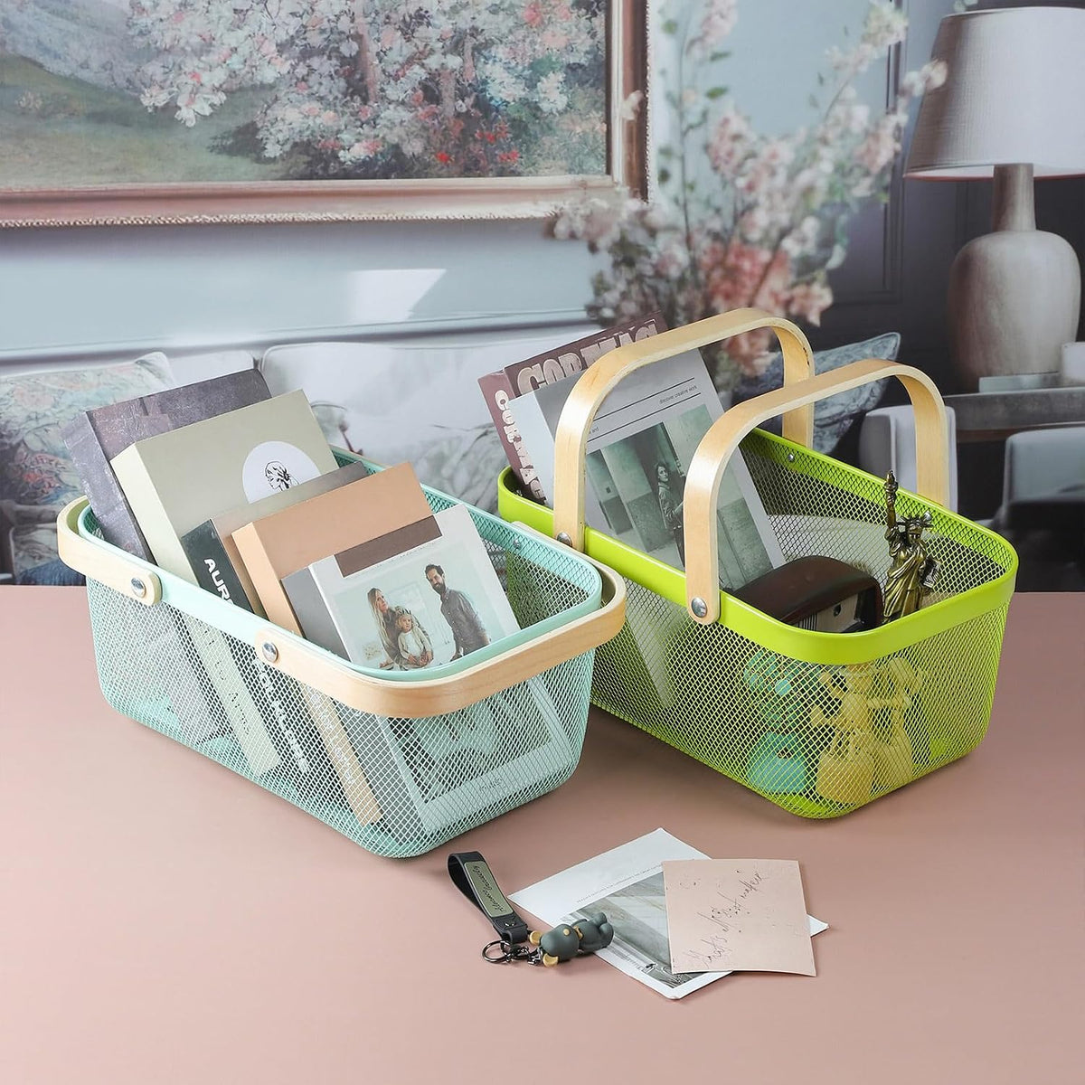 Coloful Metal Mesh Wire Basket with Foldable Wooden Handle,Bin Garden Fruit Vegetable Storage Hanging Harvest Holder for Kitchen Bathroom Picnic (Yellow, Cuboid & Cube)