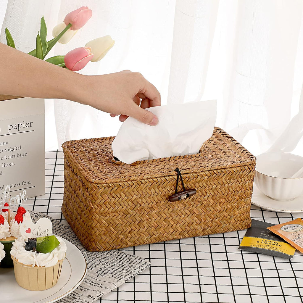 Sumnacon Tissue Box Cover Rectangle Seagrass Tissue Box Holder, Caramel,M