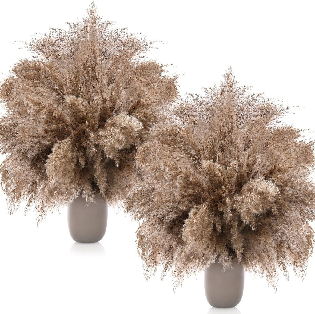 Janinka 150 Pcs Dried Fluffy Pampas Grass Bulk 17 Inch, Boho Decor, Brown