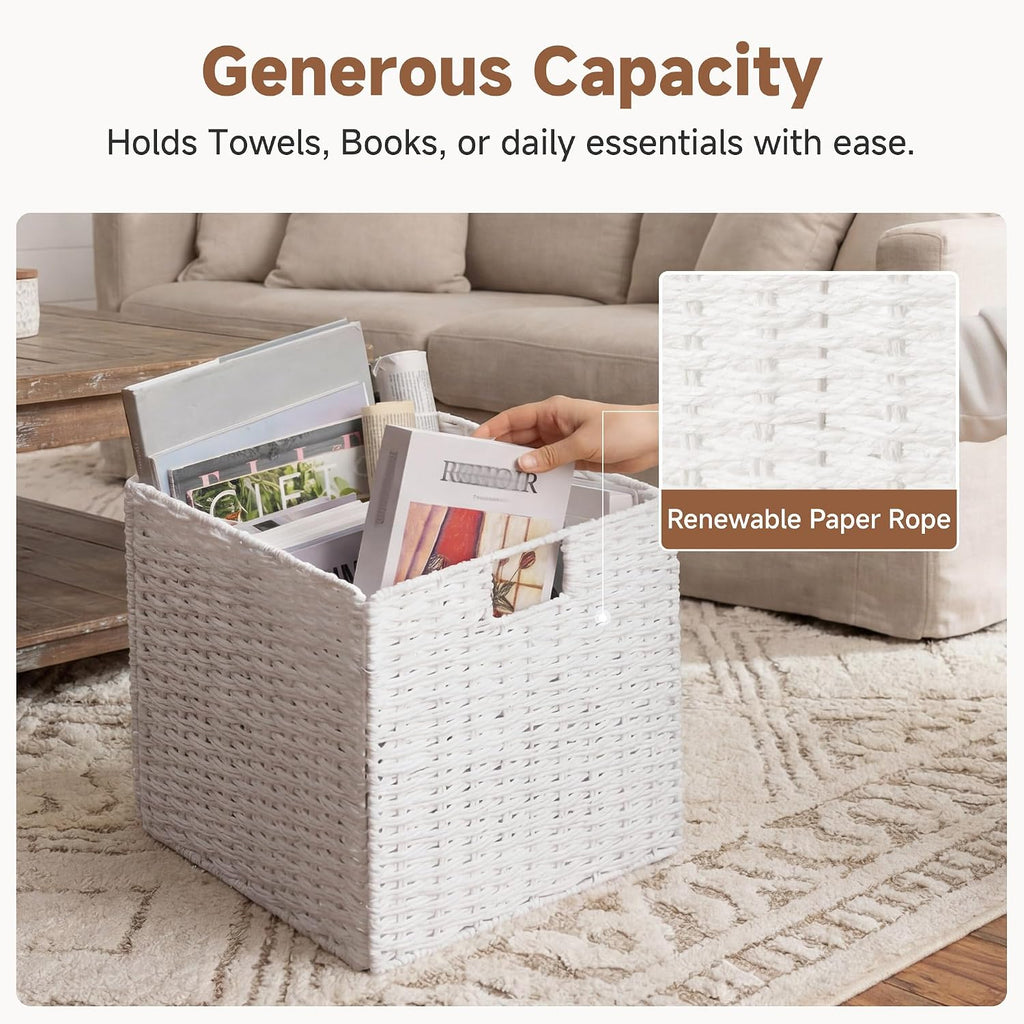 StorageWorks 13 inch Wicker Storage Baskets, White Wicker Baskets, Foldable