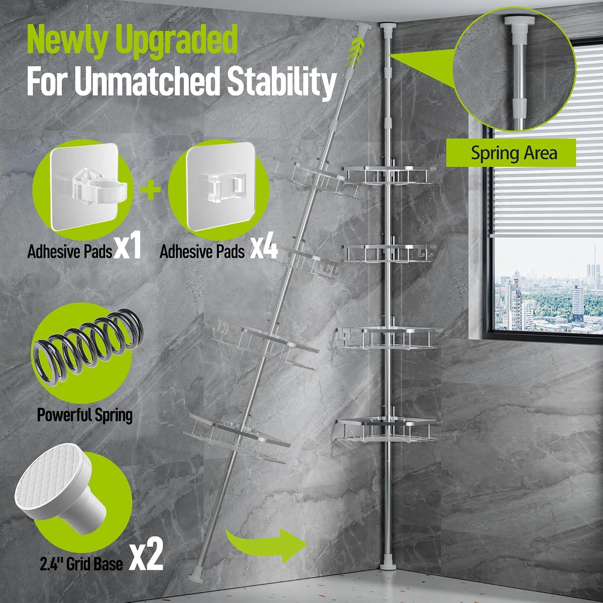 LAMU Corner Shower Caddy Tension Pole, 4-Tier Stainless Steel Organizer
