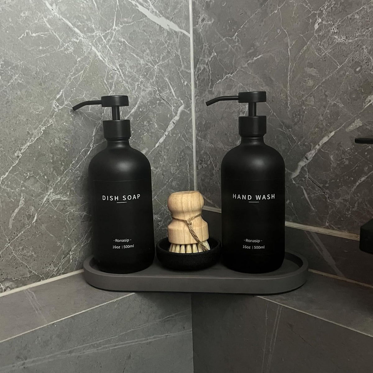 Ronasip Set of 5 Kitchen Soap Dispenser Set 16 Oz Glass Hand Dish Soap Dispenser with Stainless Steel Pump, Cement Tray, Dish Scrub Brush for Farmhouse Rustic Home Bathroom Decor (Black)
