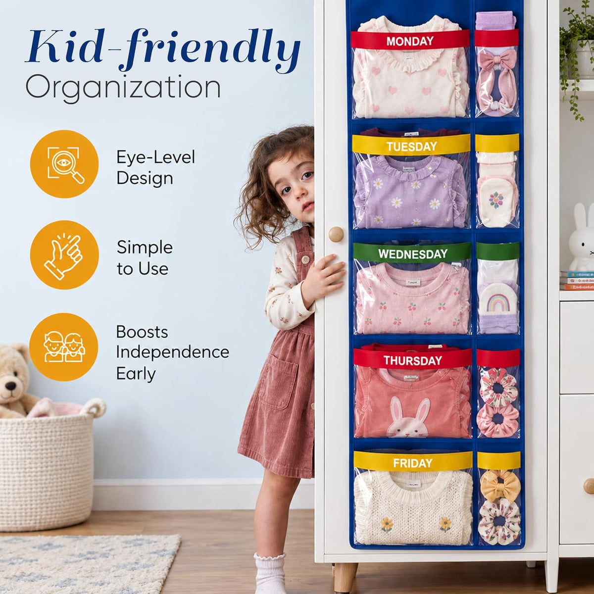 Handy Laundry Weekly Clothes Organizer for Kids – 5-Shelf Hanging Closet Storage with Day of the Week Labels, Over the Door or Wall Mount, Large Capacity, Encourages Routine, Blue