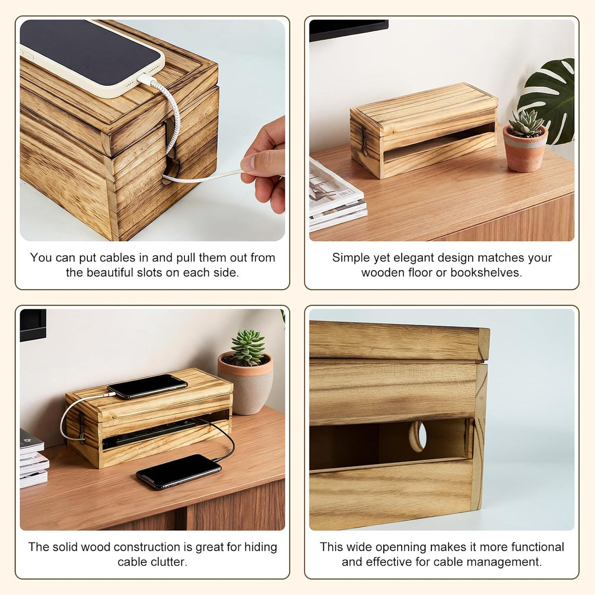 Changsuo Cable Management Box Wooden Cord Organizer Box for Extension Cord Power Stripe Surge Protector Wire Management Concealer Cover Hider for Desktop Home Office Kitchen (Carbonized Brown)