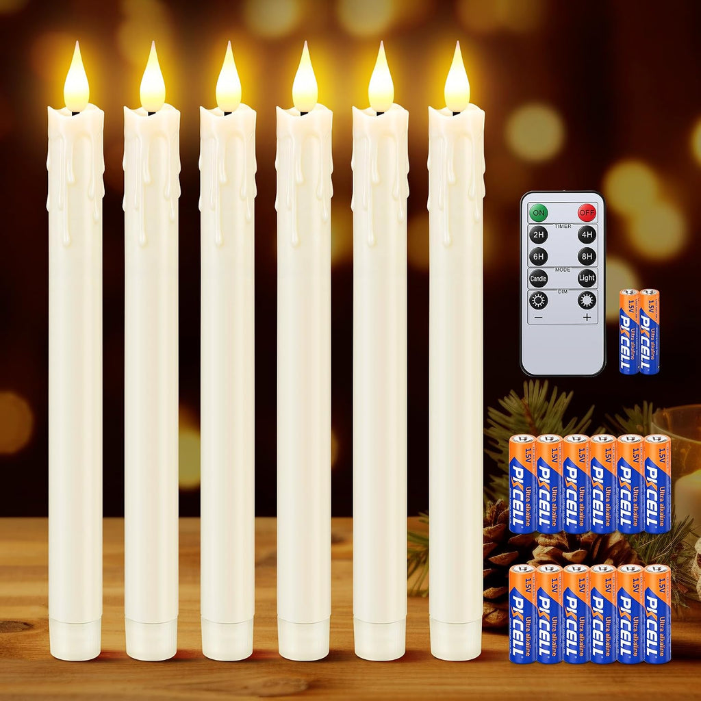 Enhon 6 Pack Flameless Taper Candles with Remote & Batteries, 10" Ivory LED Candle Sticks, 3D Wick & Wax Drip Design, 624+ Hour Battery Operated Candles for Home, Wedding & Christmas Decor