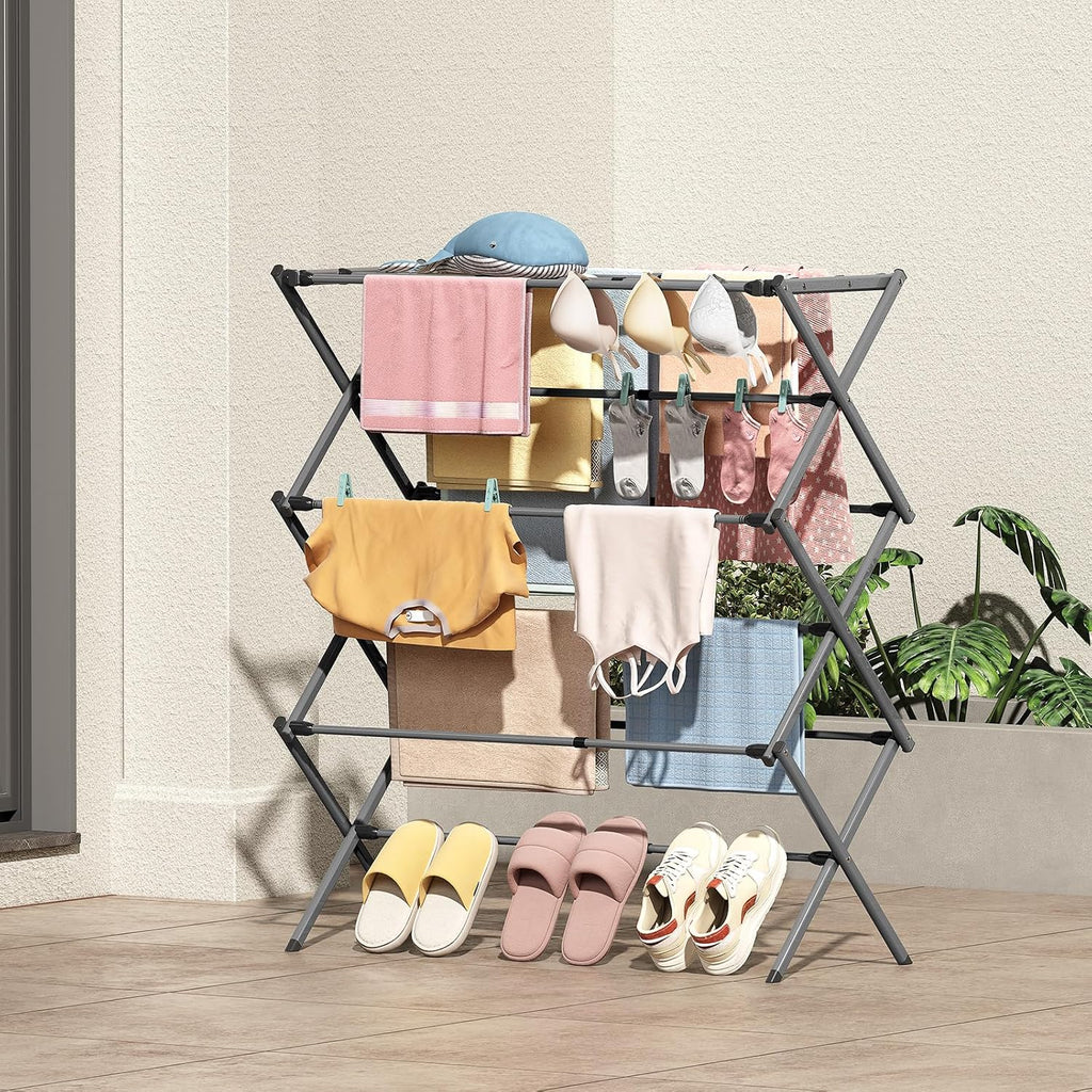 KINGBOARD Clothes Drying Rack, 3-Tier Foldable Extendable, Grey