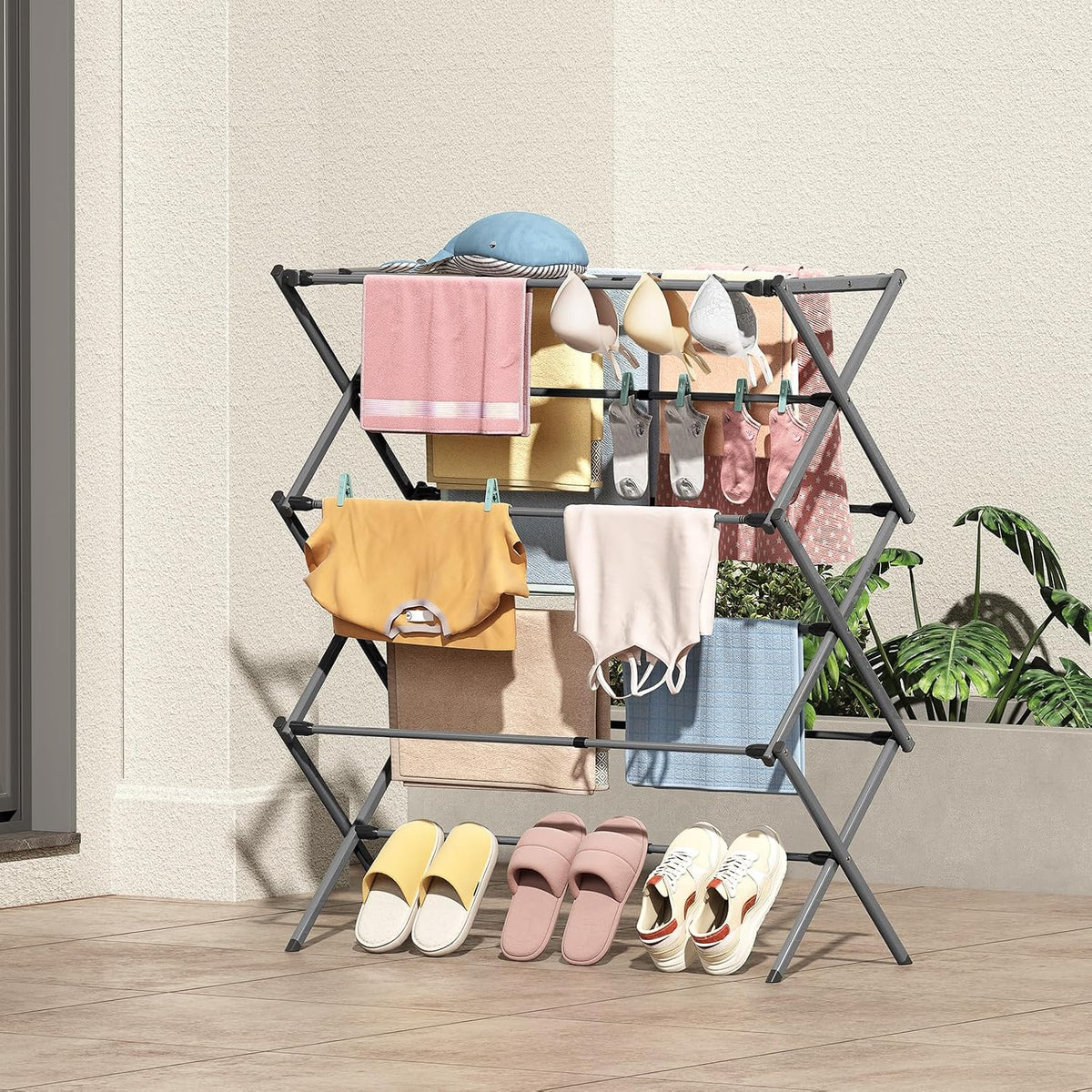KINGBOARD Clothes Drying Rack, 3-Tier Foldable Extendable, Grey