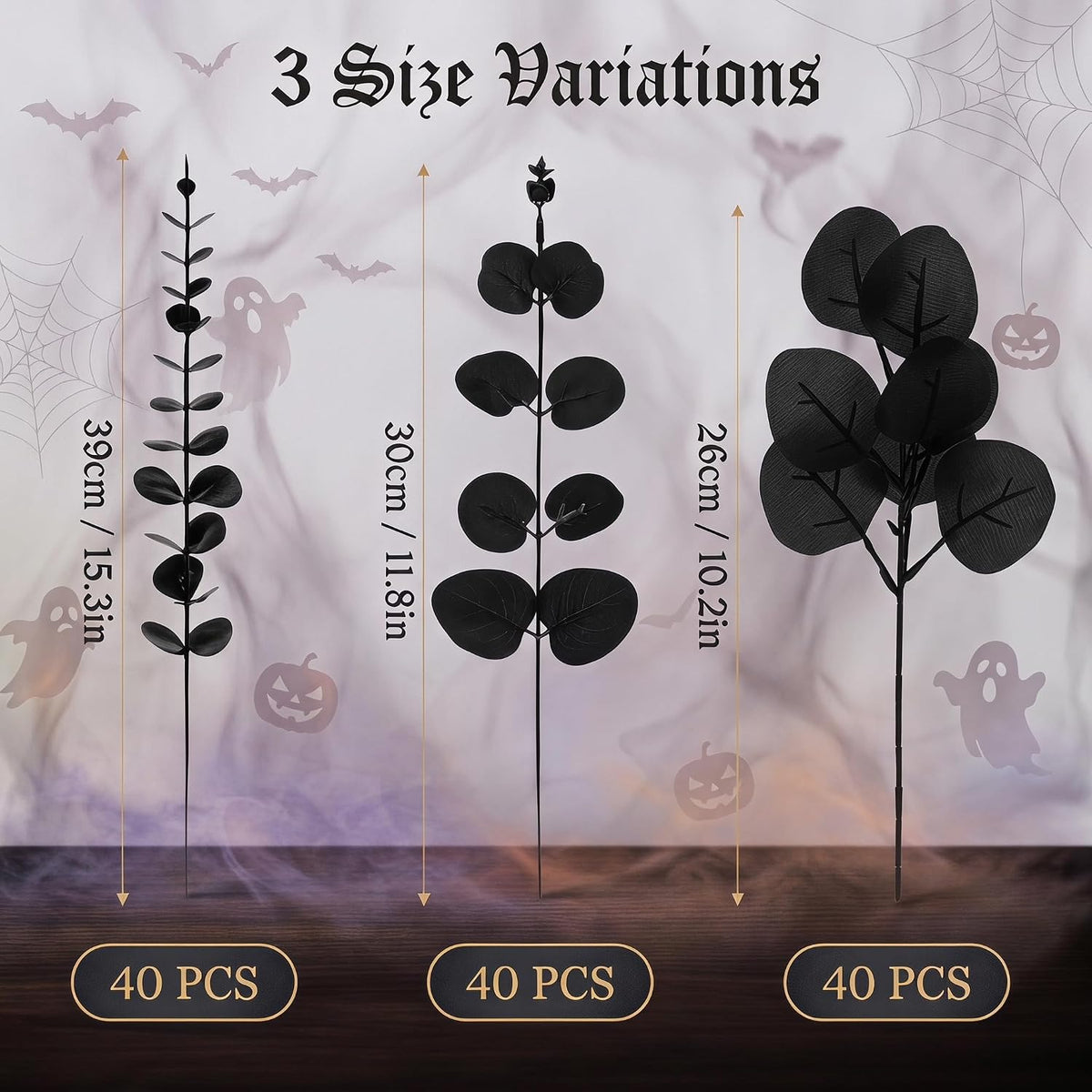 120 Pcs Black Artificial Eucalyptus Stems, 3 Styles Matte Pure Faux Eucalyptus Leaves Branches for Gothic Party Halloween Dark Wedding Industrial Home Decoration