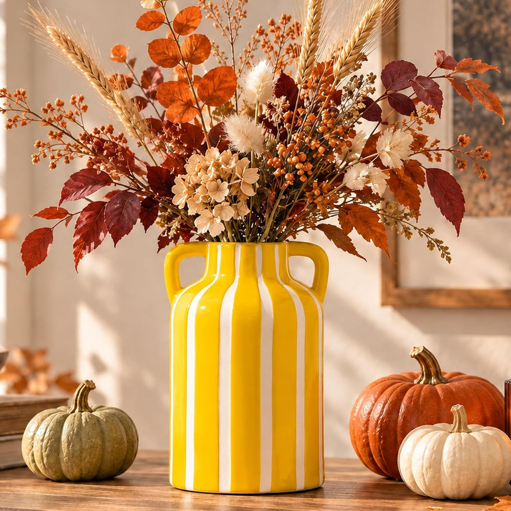 SURE YUESI Yellow Ceramic Vase with Handles, Modern Farmhouse Striped Decorative Vase, 9.1" Art Deco Tall Flower Vases for Pampas Grass, Shelf Decor, Dining Table Centerpiece, Living Room Home Decor