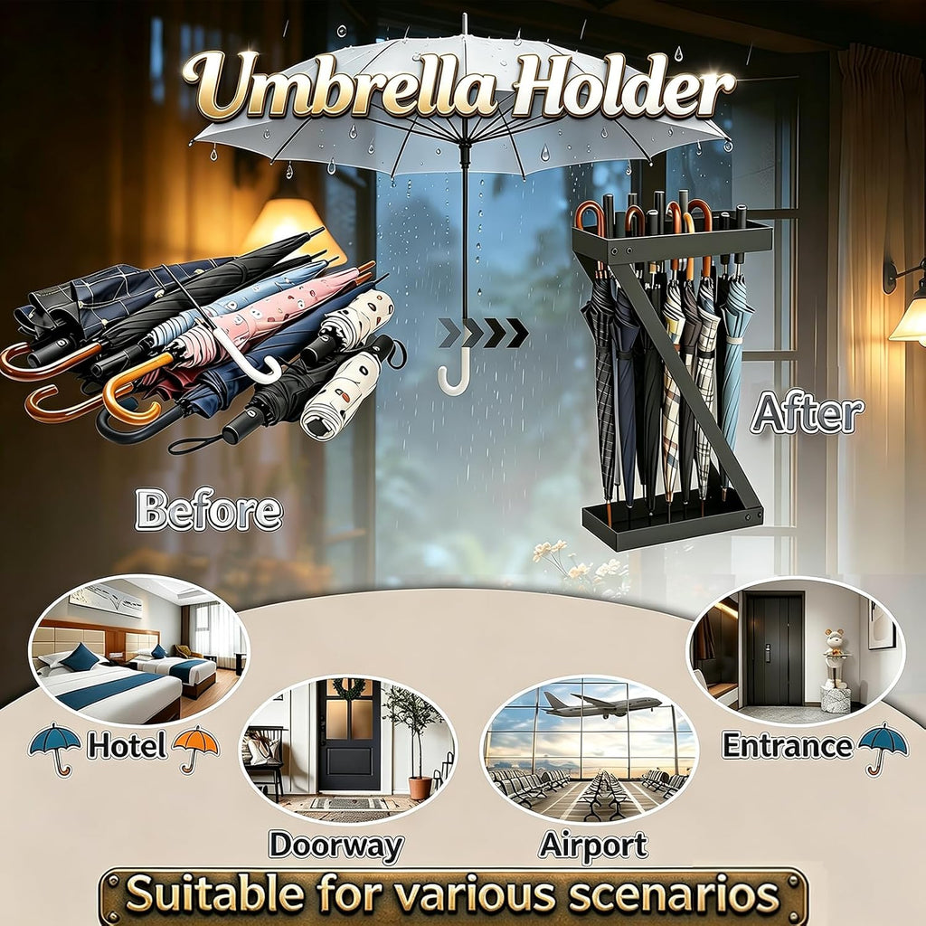 Umbrella Holder for Entryway, Black Indoor Umbrella Stand with Hooks,Metal Umbrella Storage Rack Ideal for Home Office Hotel Lobby