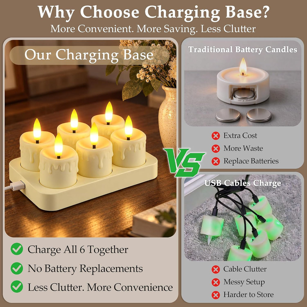 Rechargeable Flameless Tea Lights Candles with Charging Station Remote 6Pcs