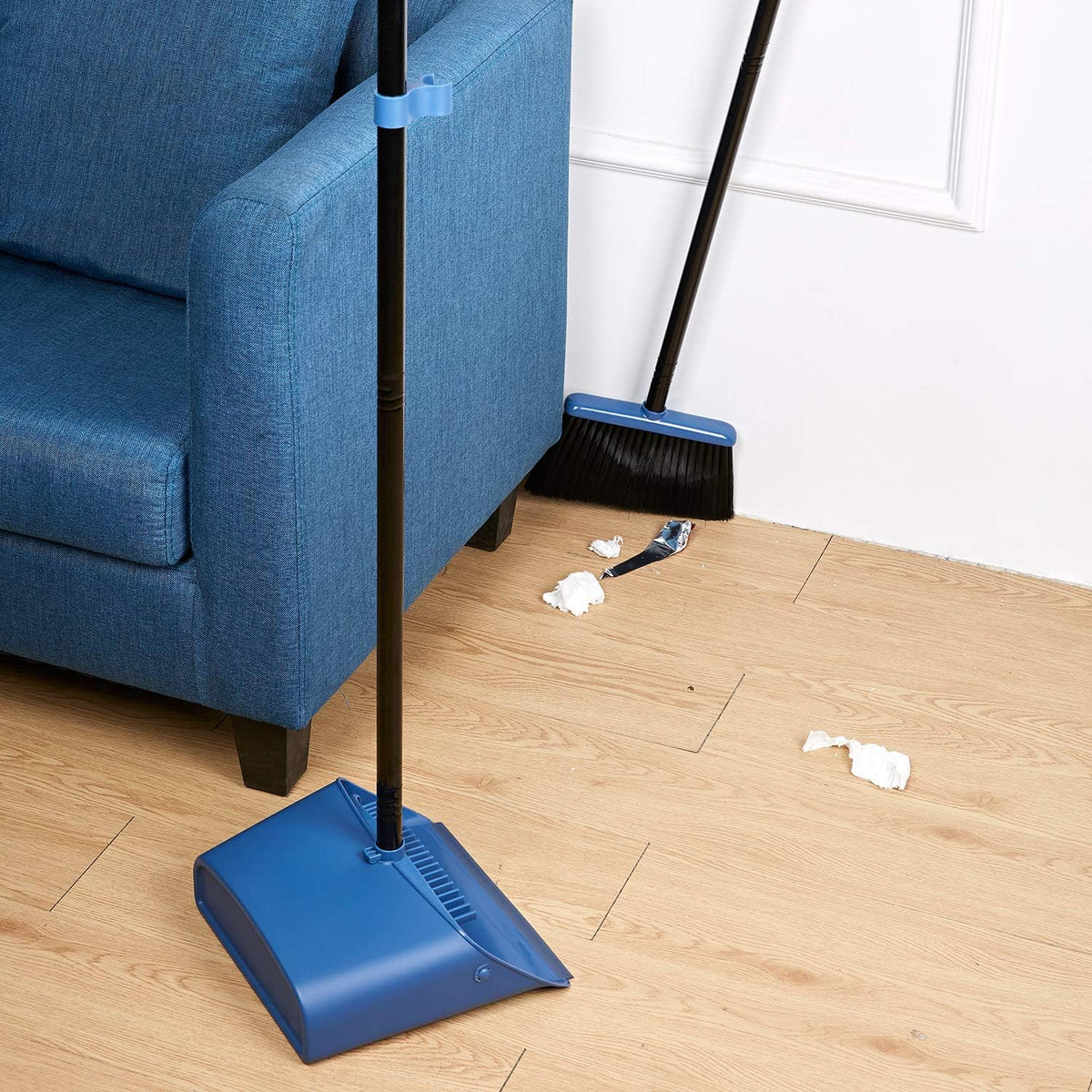 Long Handled Dustpan and Brush, Broom and Dustpan Set, Household Dust pan Combo with 54 Inch Handle for Indoor Outdoor Household Cleaning and Sweeping (Blue)
