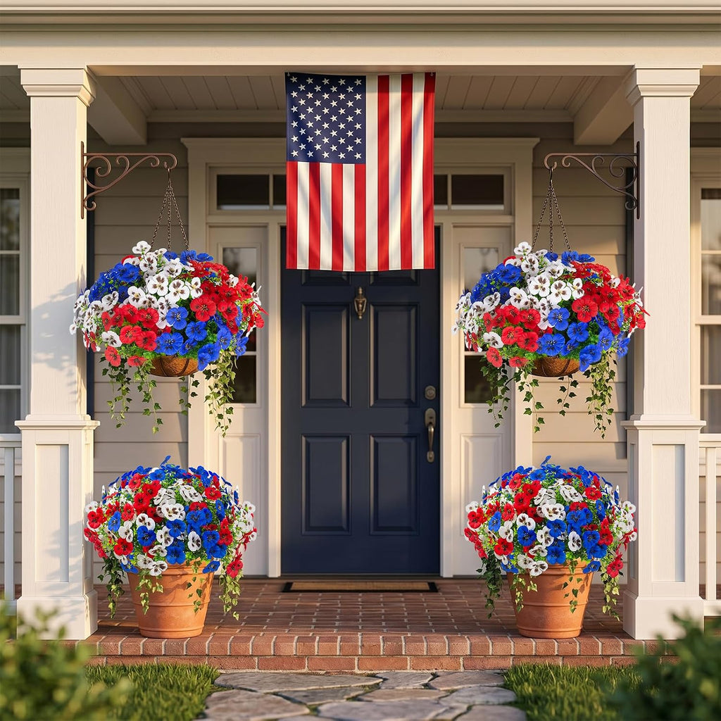 lovemoon 2 Sets Artificial Hanging Pansies Flowers with Baskets, 24 Pcs Faux Patriotic Silk Pansy Outdoor Flower for Porch Patio Garden Home Summer 4th of July Decor (2, RedWhiteBlue)