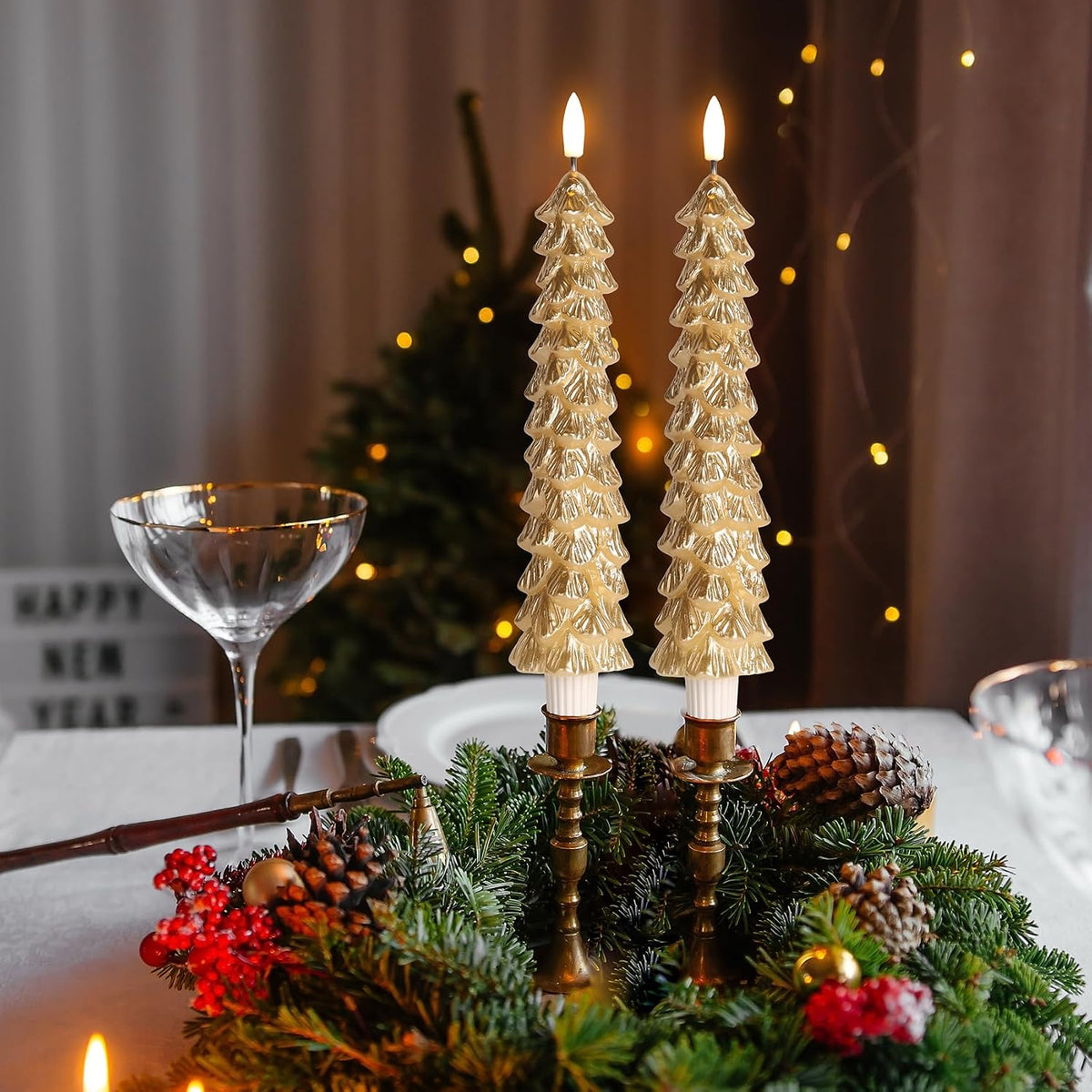 Eywamage Gold Christmas Tree Flameless Taper Candles with Remote Set of 2