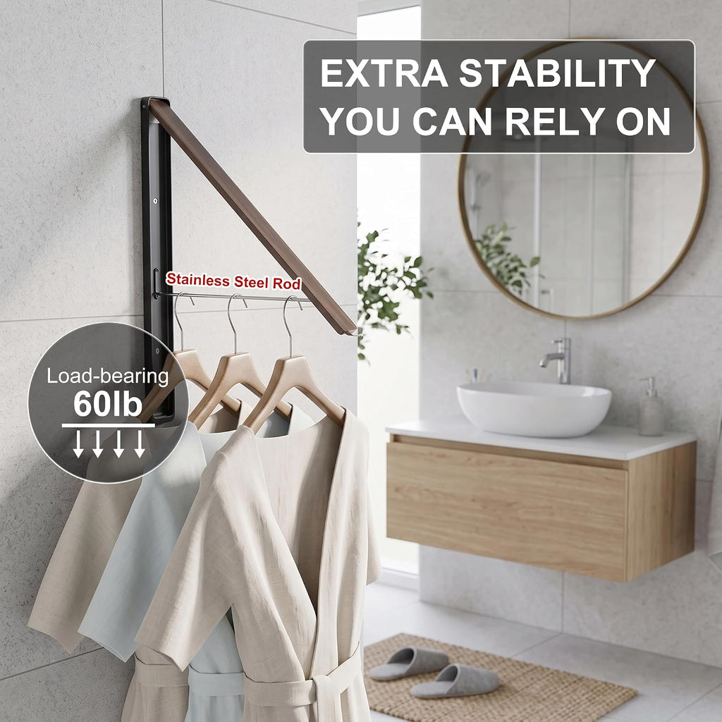 LEQ Clothes Drying Rack Wall Mounted, Foldable Laundry Drying Rack with Wood-Tone Aluminum Frame, Rustproof Retractable Clothes Hanger for Small Laundry Room, Bathroom, Balcony,Black