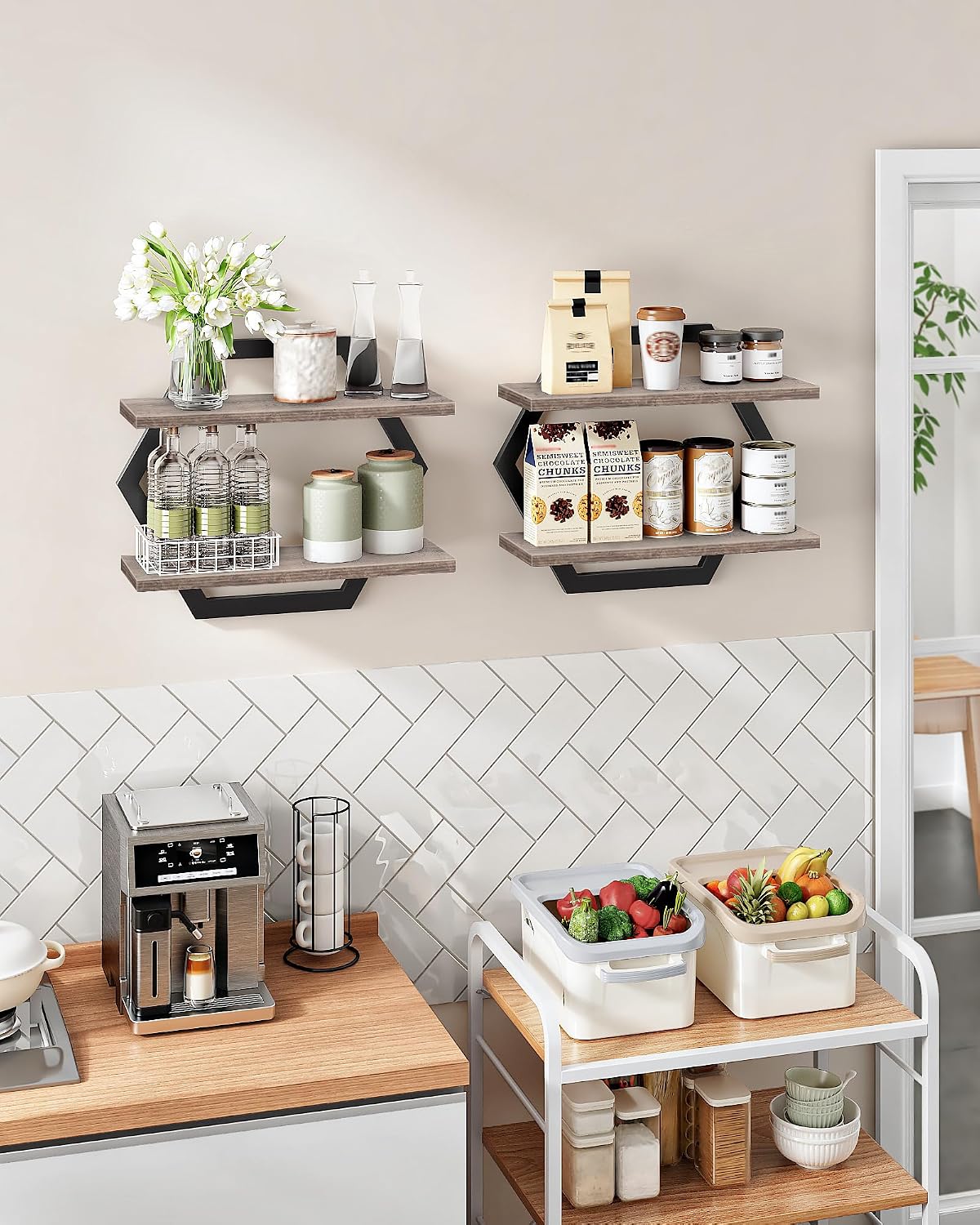CHOEZON Hexagon Floating Shelves for Wall, Set of 2, 2 -Tier Hanging Shelves, Wall Mounted Storage Shelves, for Living Room, Bedroom, Kitchen, Home Office, Study, Greige TBJ06P2BG