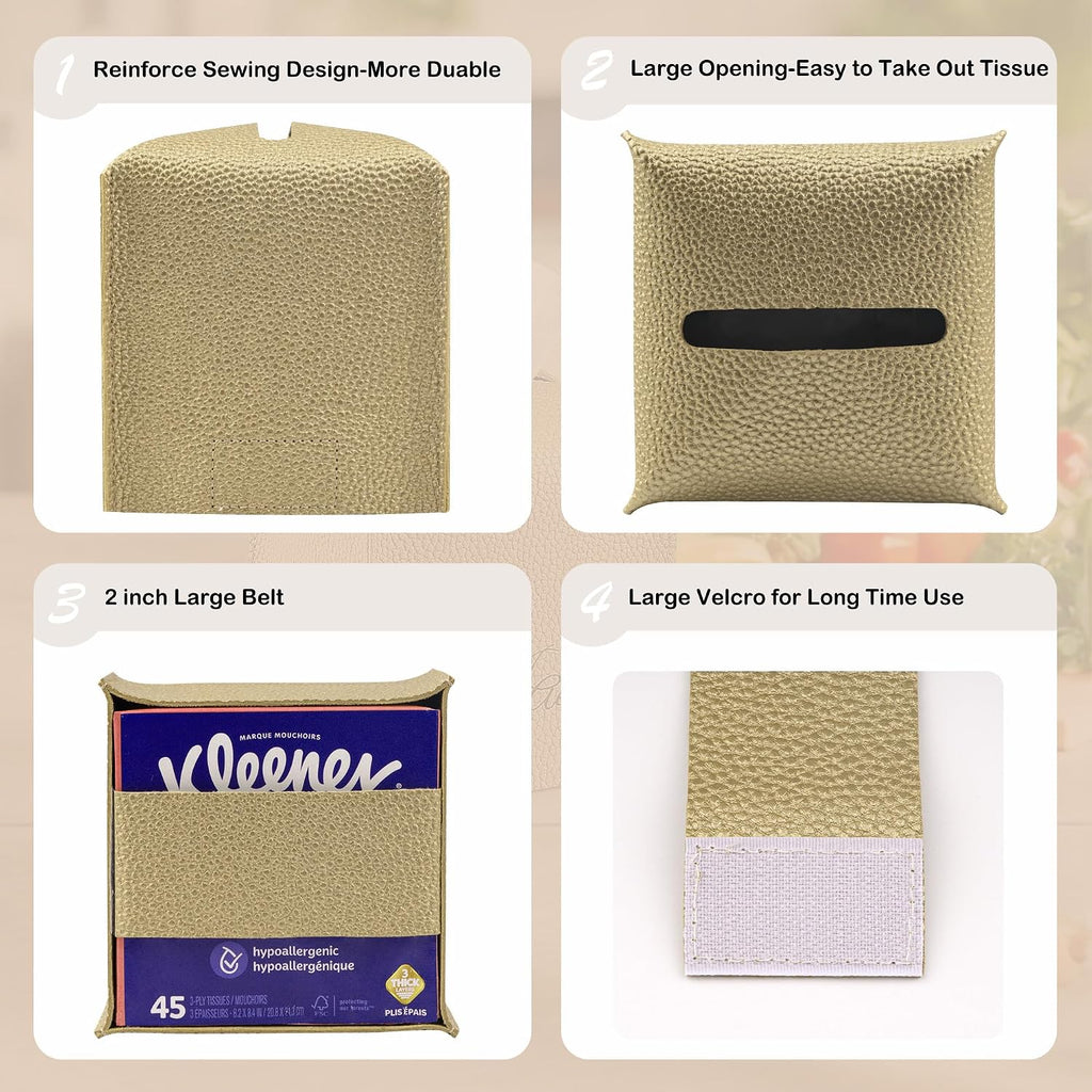 Square Tissue Box Cover PU Leather Tissue Holder for Bathroom, Cube Décorative Organizer, Tissue Paper Dispenser for Bathroom, Kitchen, Bedroom, Office, Tabletop (2, Gold)