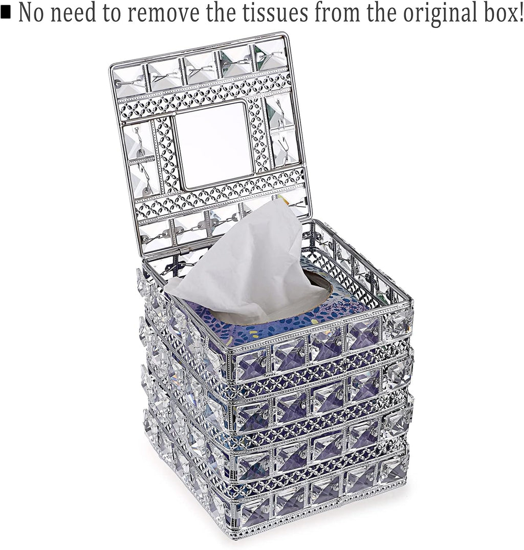 Sumnacon Crystal Square Tissue Box Cover - Sparkling Cube Glass Tissue Box Holder, Decorative Facial Tissue Holder for Bedroom Bathroom Dresser Night Stand Table Countertop Home Decor, Silver