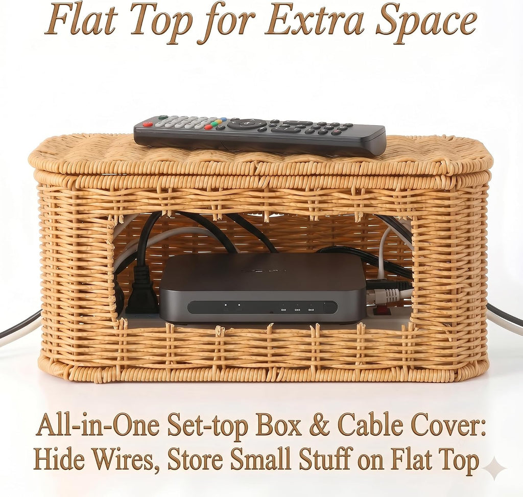 Large Cable Management Box with Lid, Wicker Basket Hides Power Strips, TV Boxes & Routers